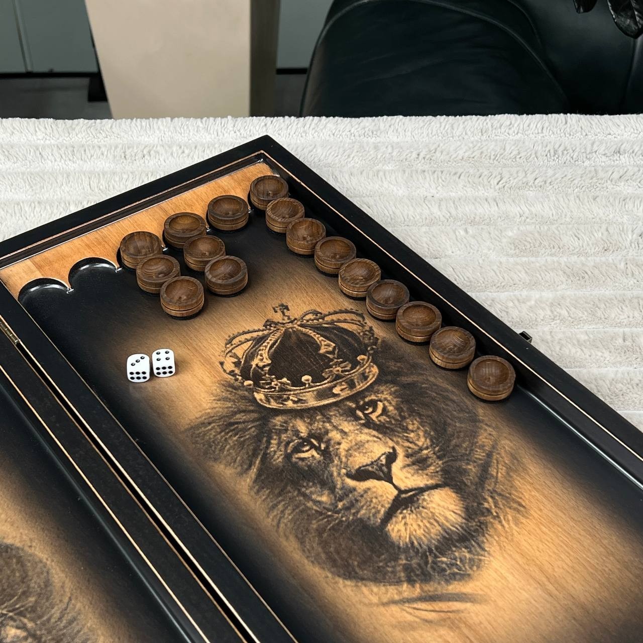 IN STOCK Luxury Ash Wood Backgammon Set Handmade Lion Design Custom Gift Men 20″