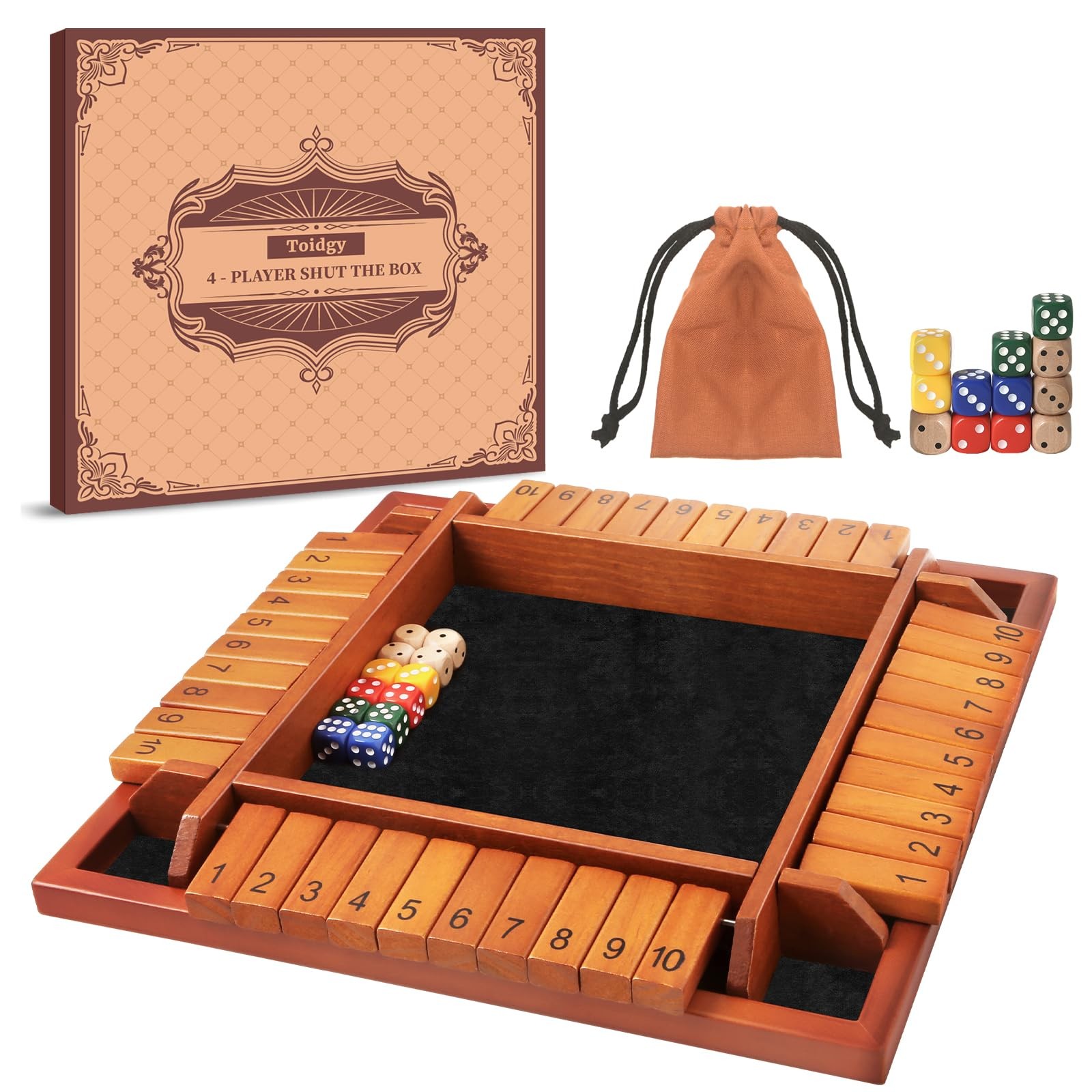 4 Players Shut the Box Dice Games, Wooden Board Table Math Game with 12 Dice …