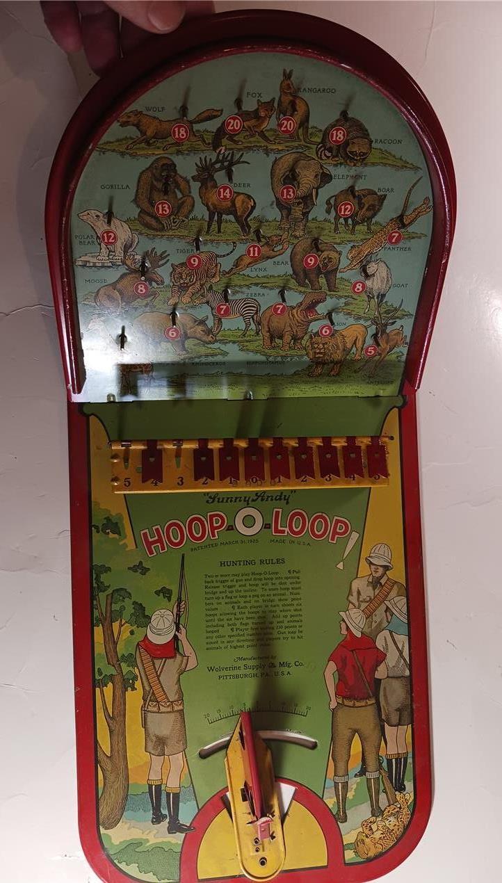 VINTAGE SUNNY ANDY HOOP O LOOP HUNTING GAME WOLVERINE 1925 SHOOTING TIN TOY