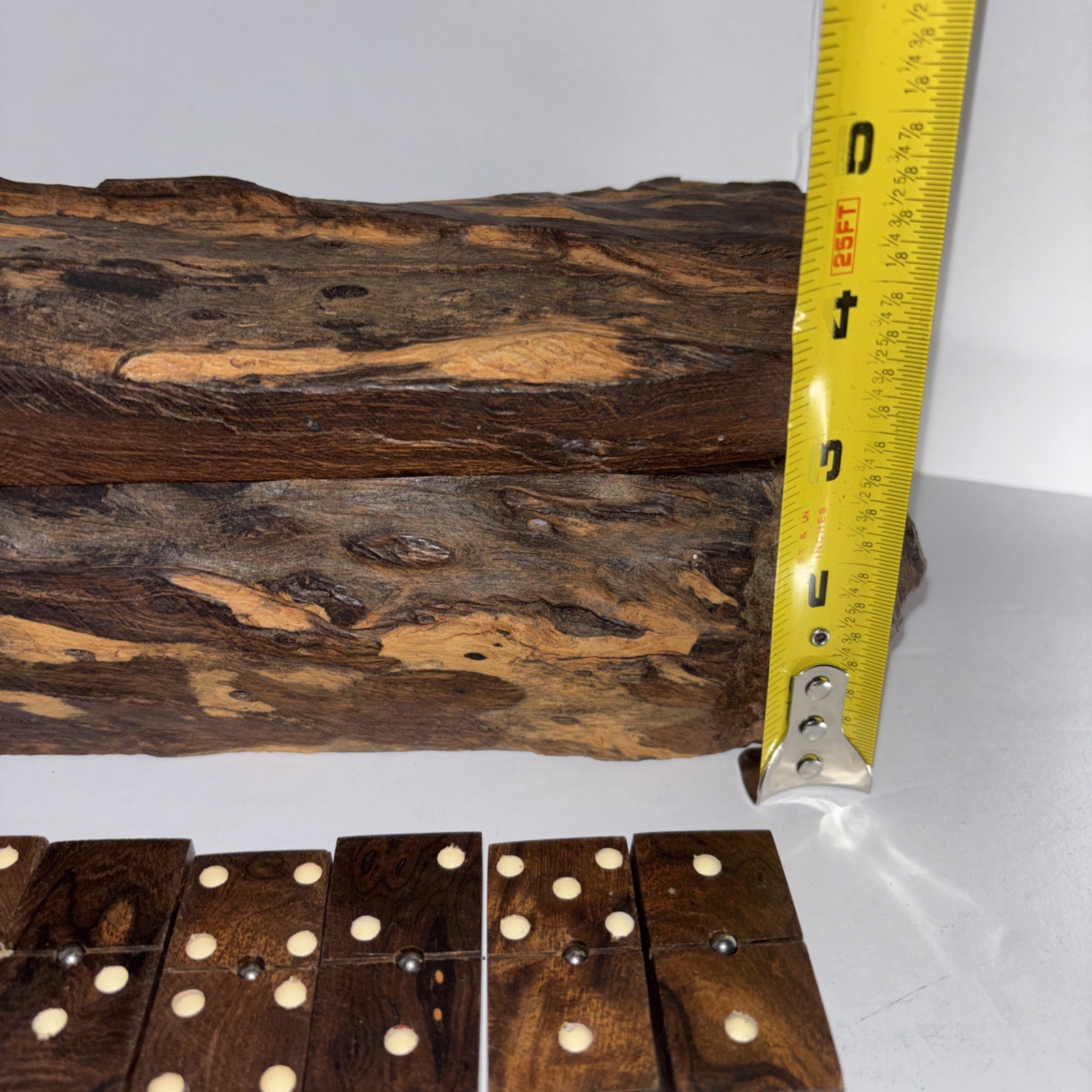Vintage Hand Carved Wooden Domino Set Rustic Log Box Complete Game Set
