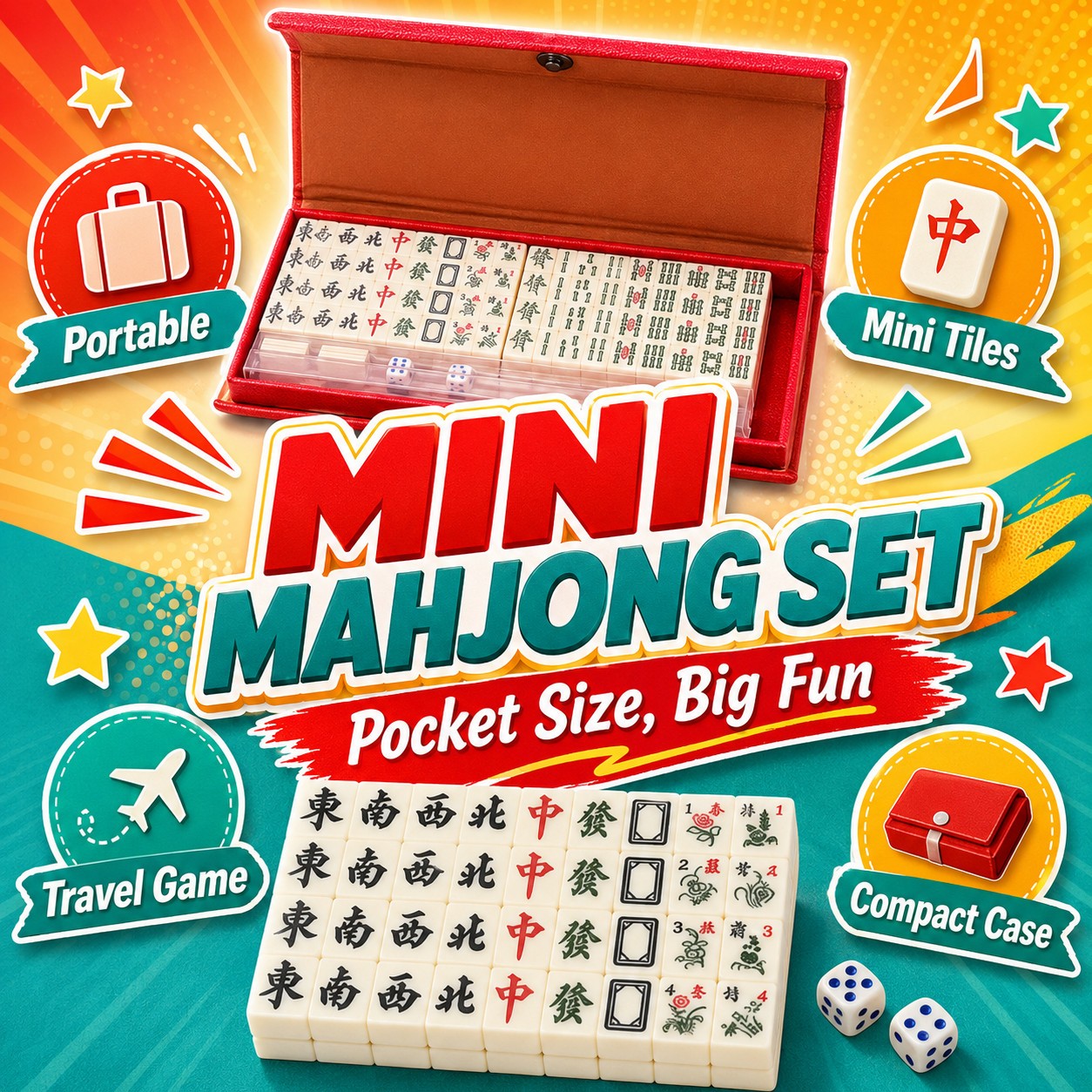 Travel Mini Mahjong Set Pocket Size Tiles w/ Portable Case Dice Family Fun Game!