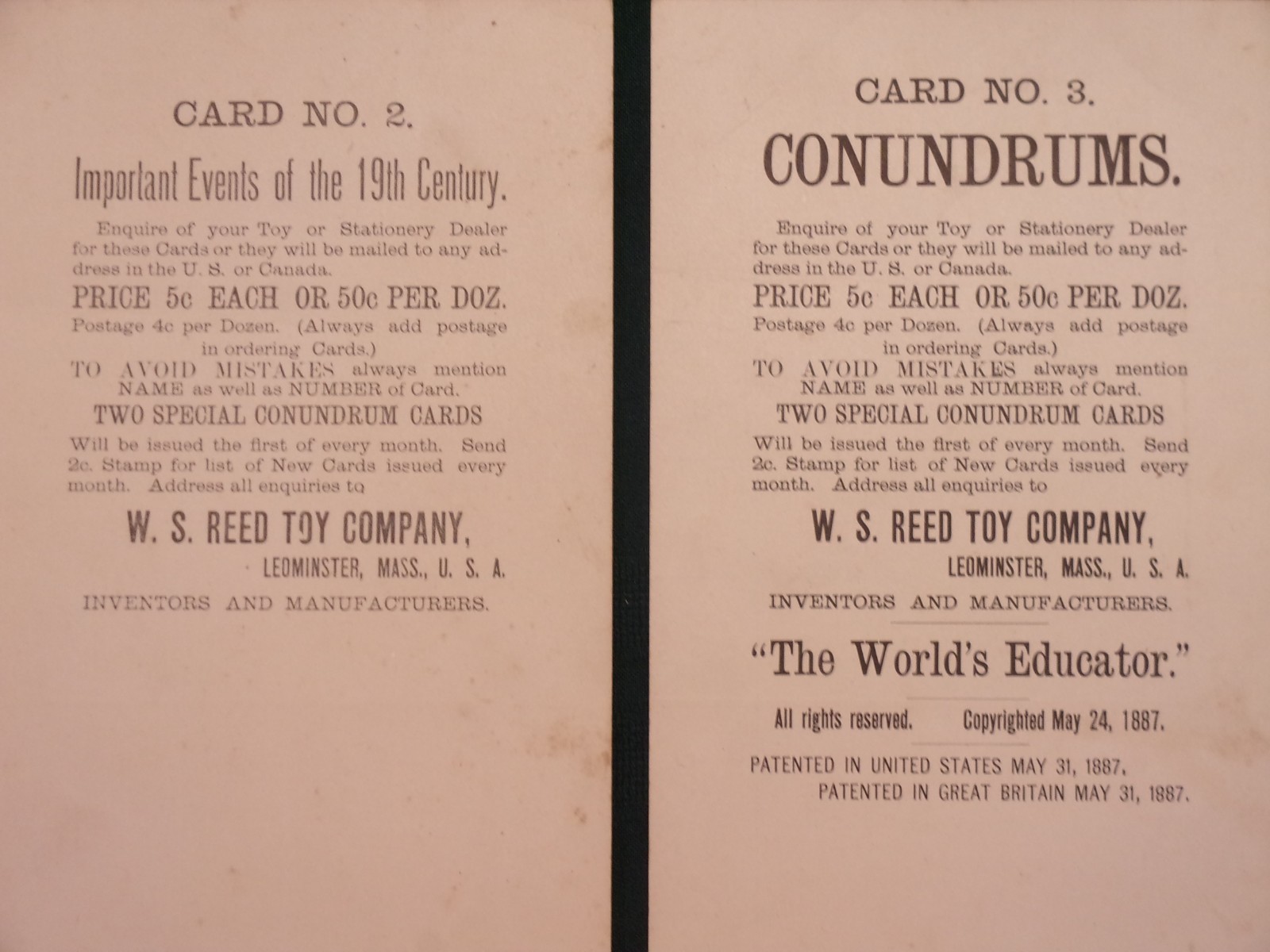 RARE 1887 Parlor Game: THE WORLD’S EDUCATOR, W.S. Reed Toy Co., Leominster, MA.