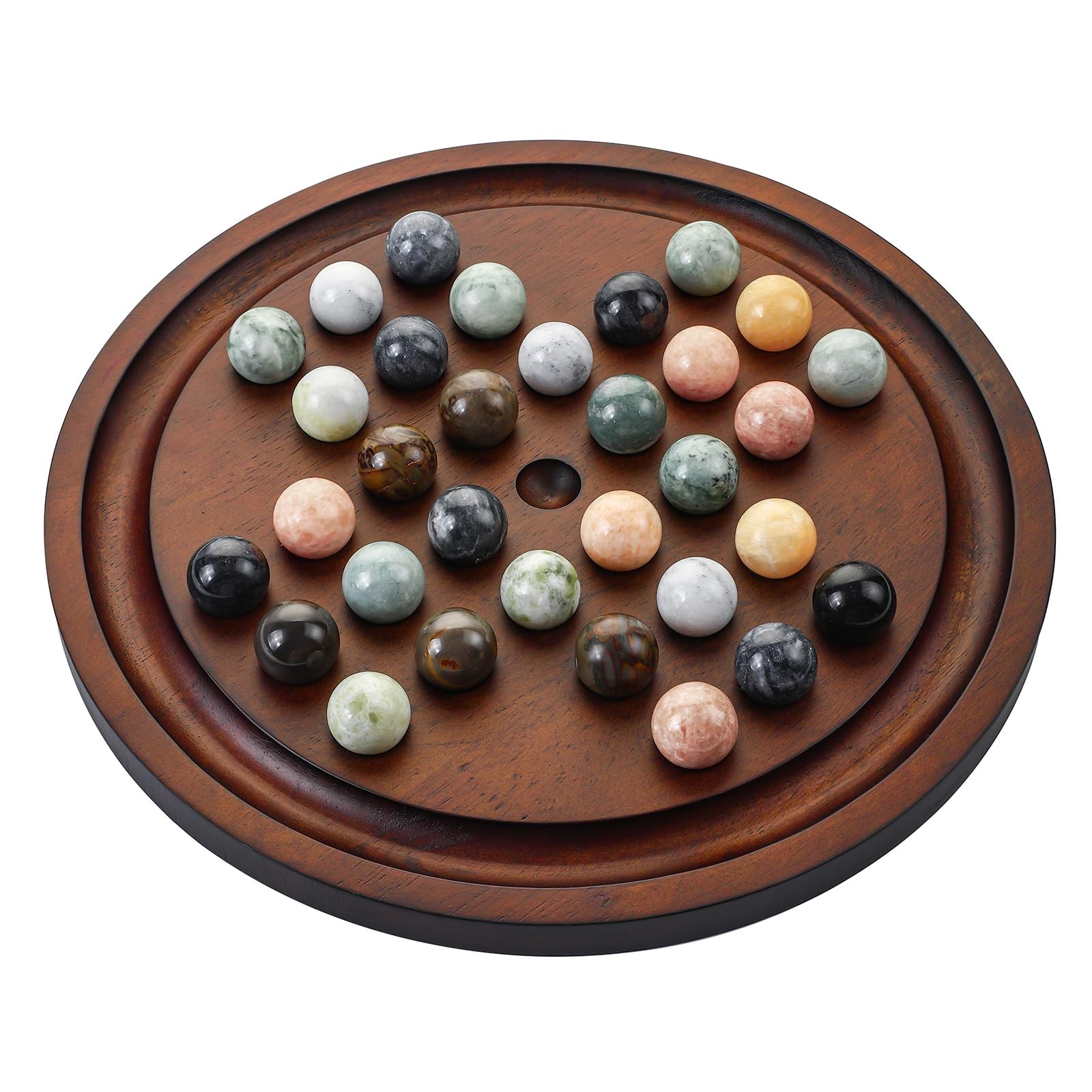 Solitaire Game,12.7-Inch inches Solid Wooden Board with 33 Natural Marble Balls,