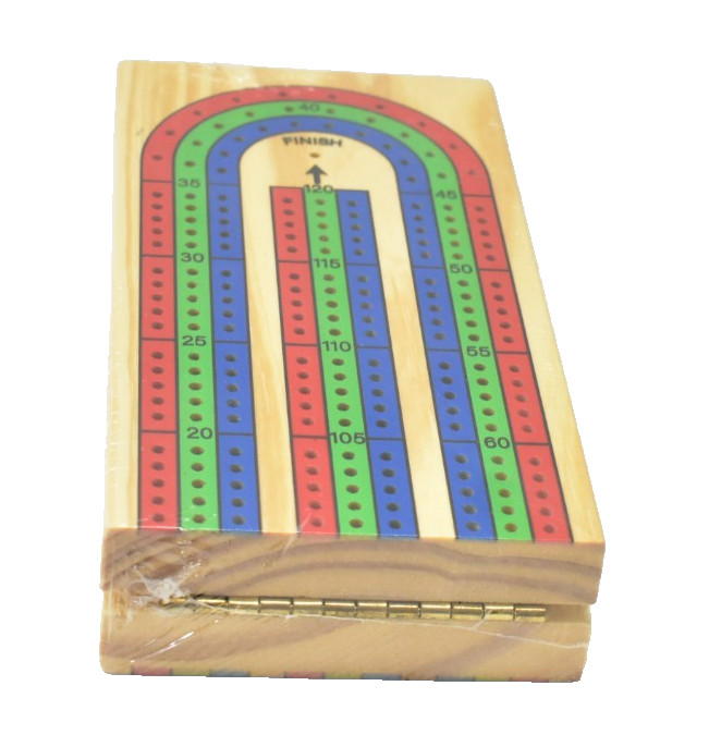 Wooden Cribbage 3 Track Game w Pegs Red/Blue/Green 3-3/4″ x 14″ L Gameboard