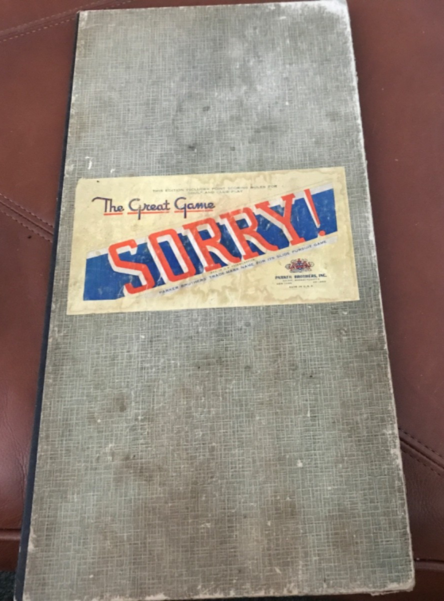 1950 Vintage SORRY Board Game Cards Wooden Pegs instructions 1 blue peg missing