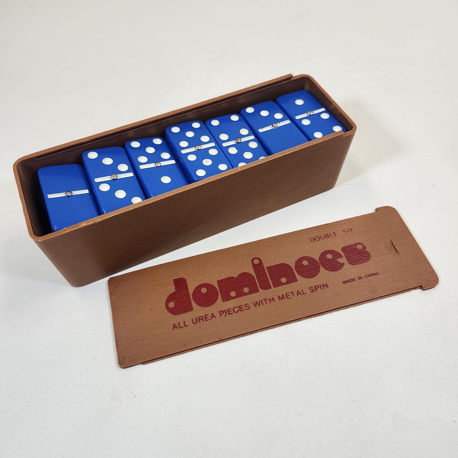 Dominoes Double Six All Urea Pieces Metal Spin Blue Bramy Brand Game Set Case