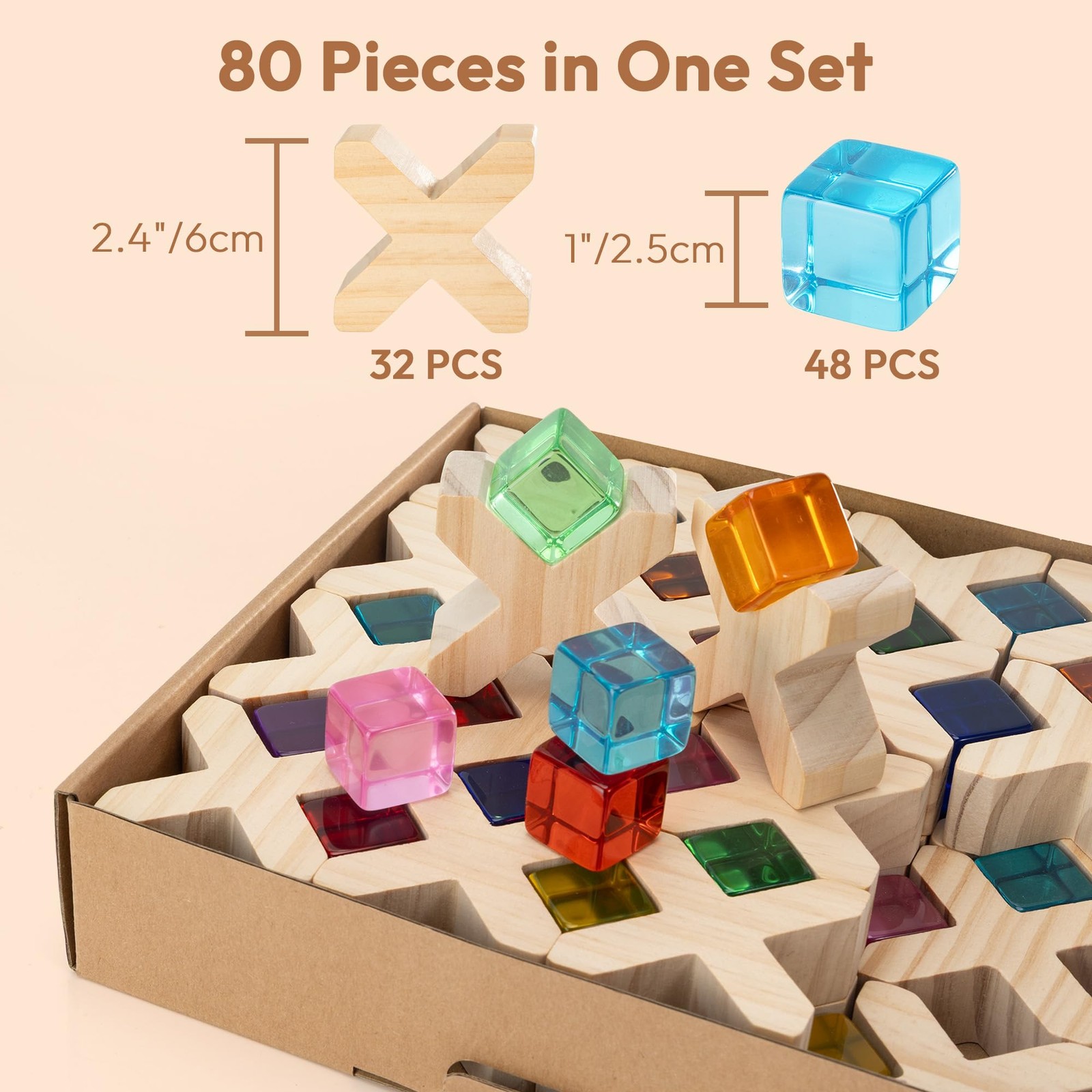 Wooden Building Blocks 48 PCS Rainbow Acrylic Gem Cubes Montessori STEM 3-6 Kids