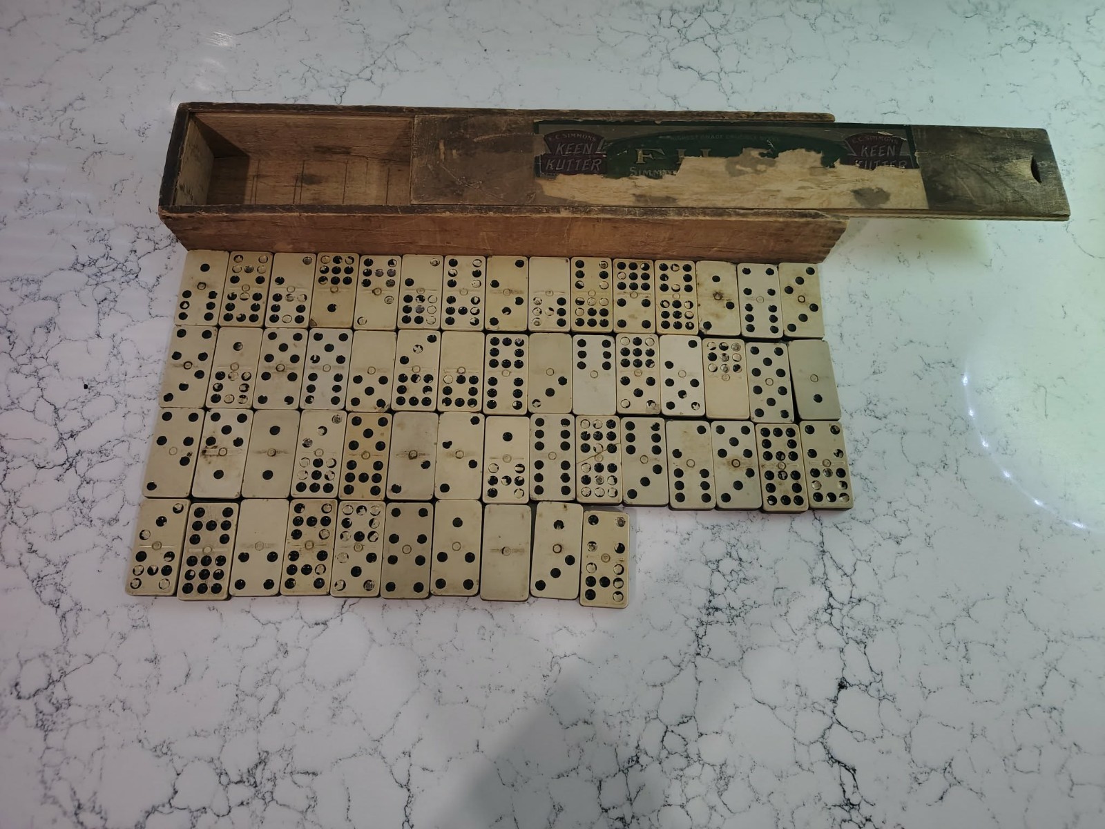Antique Set of 55 Double Nine Dominoes – Slide-top Wood Case Complete
