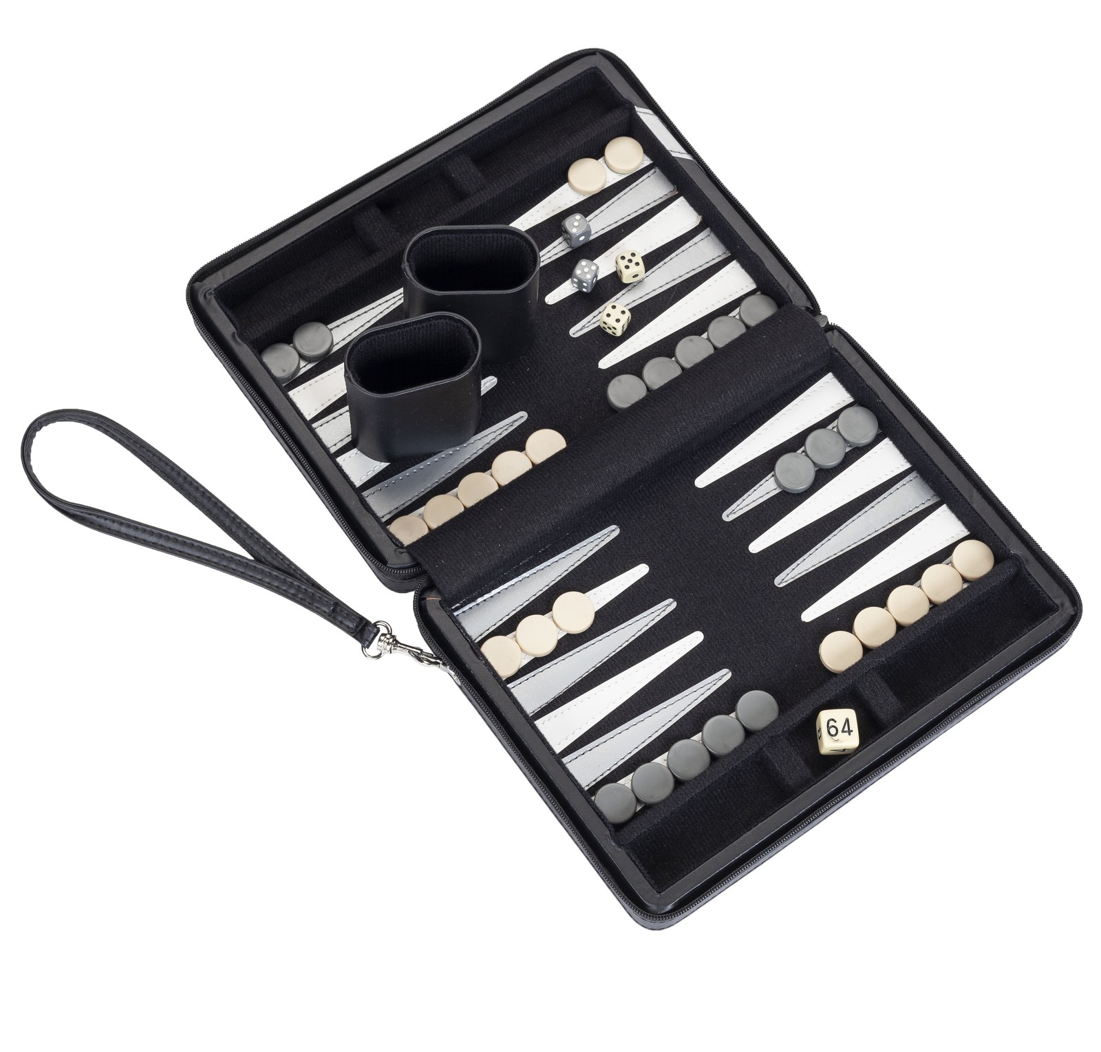 WE Games Travel Magnetic Backgammon Set, Black with Grey Stripe Leatherette Case