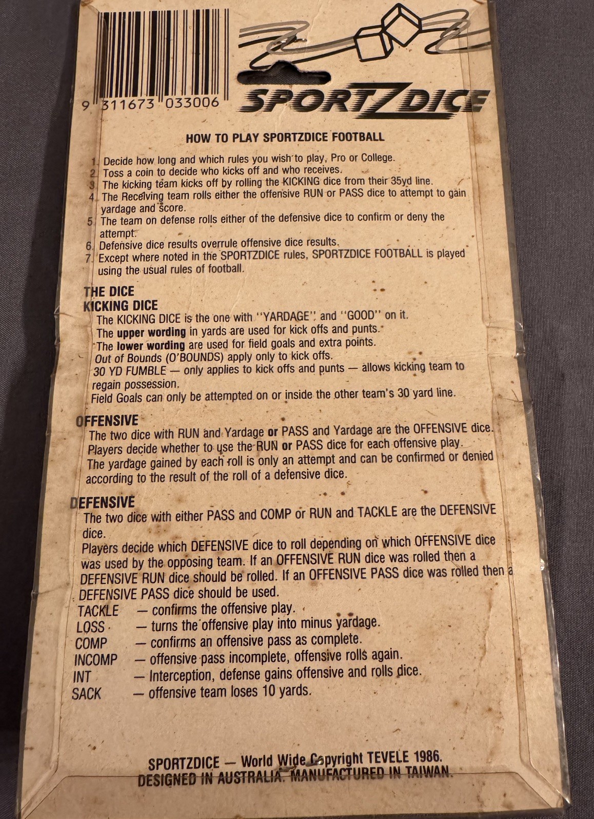 Sportzdice Football 5 Dice Set Game by Tevele 1986 (Pg59E)