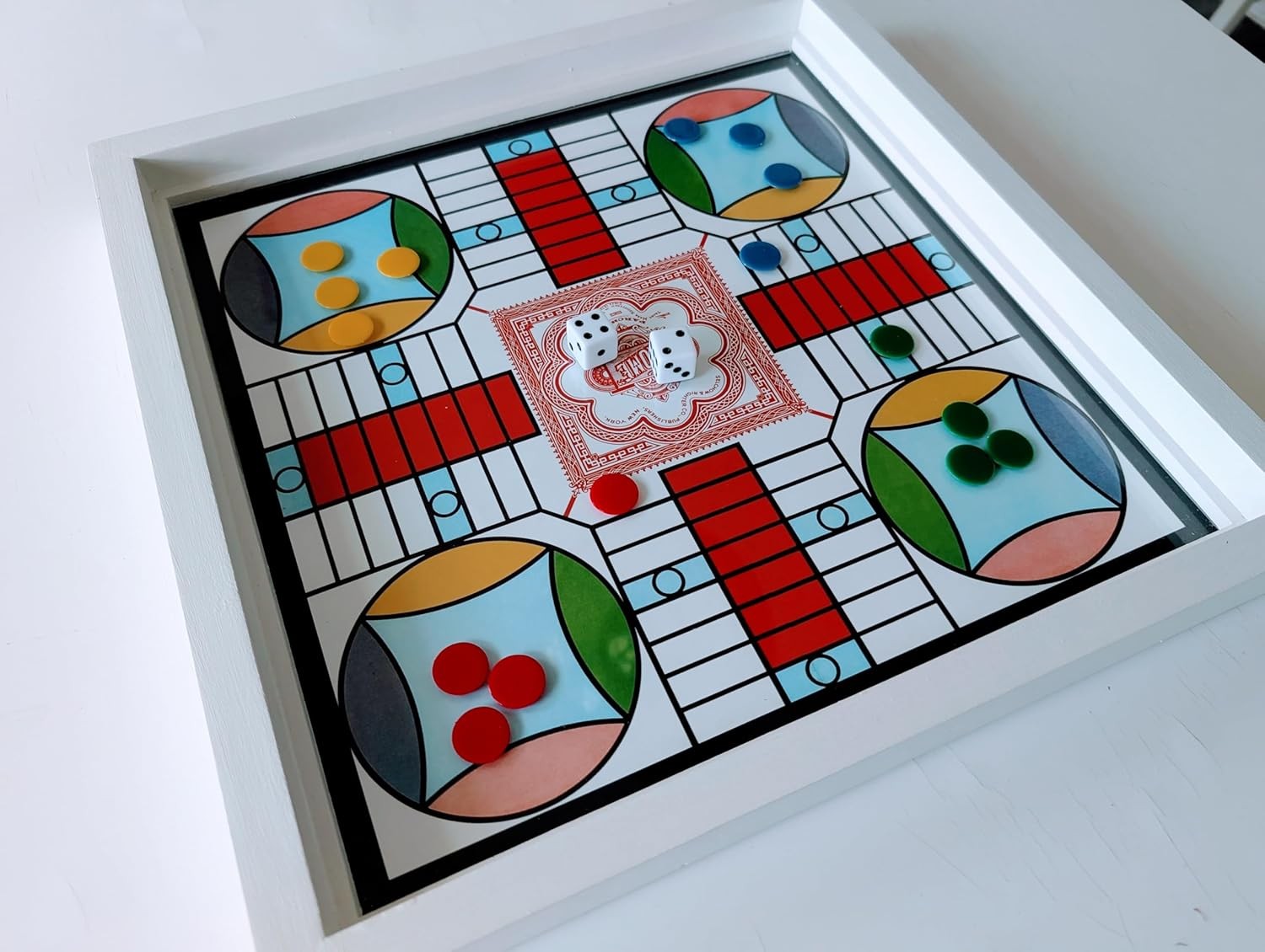 Real Glass Top Ludo Board Game 17 Inches by 17 Inches, Ludo Board Game with 16 T