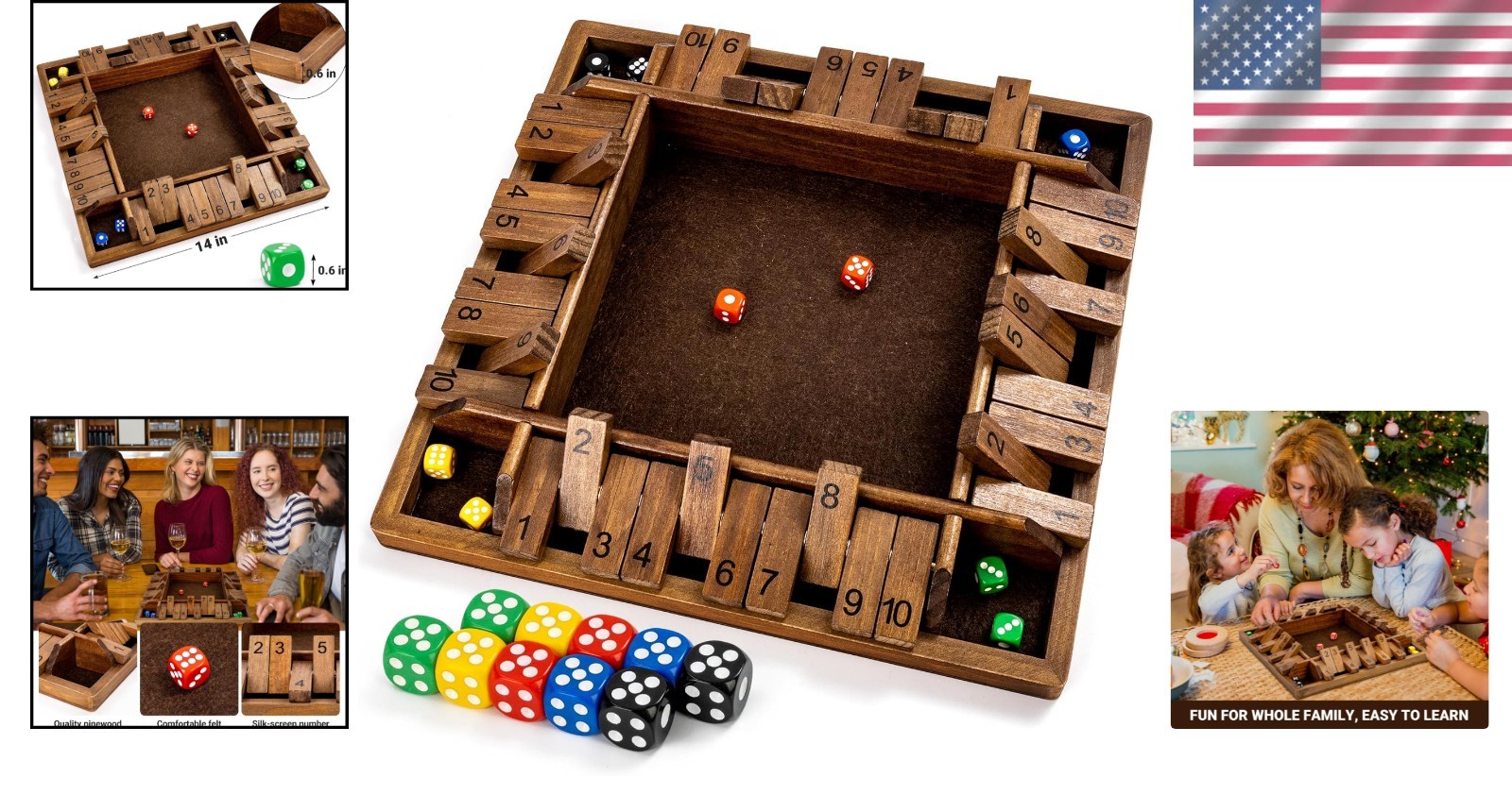 Educational Classic 4-Way Shut The Box Game – 14″ Wooden Board for All Ages