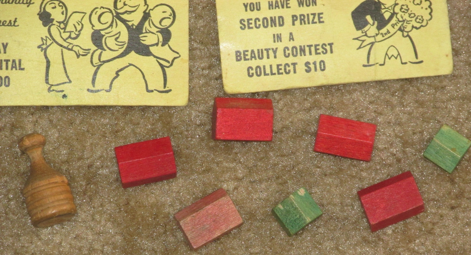 Vintage Monopoly Cards, 2 Wooden Tokens & 24 Wooden Buildings ~1950’s-60’s~Used