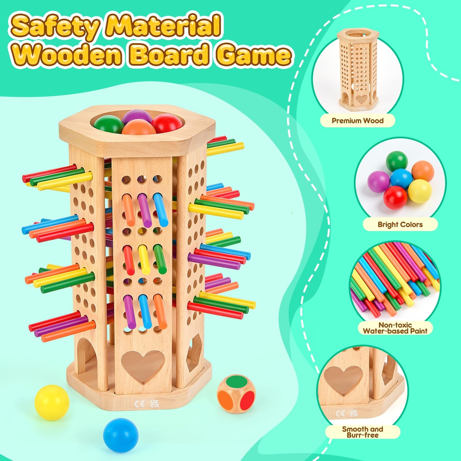 Montessori Wooden Board Game, 42-Stick Dice Game, Math Puzzle for 3 4 5 6 Yea…