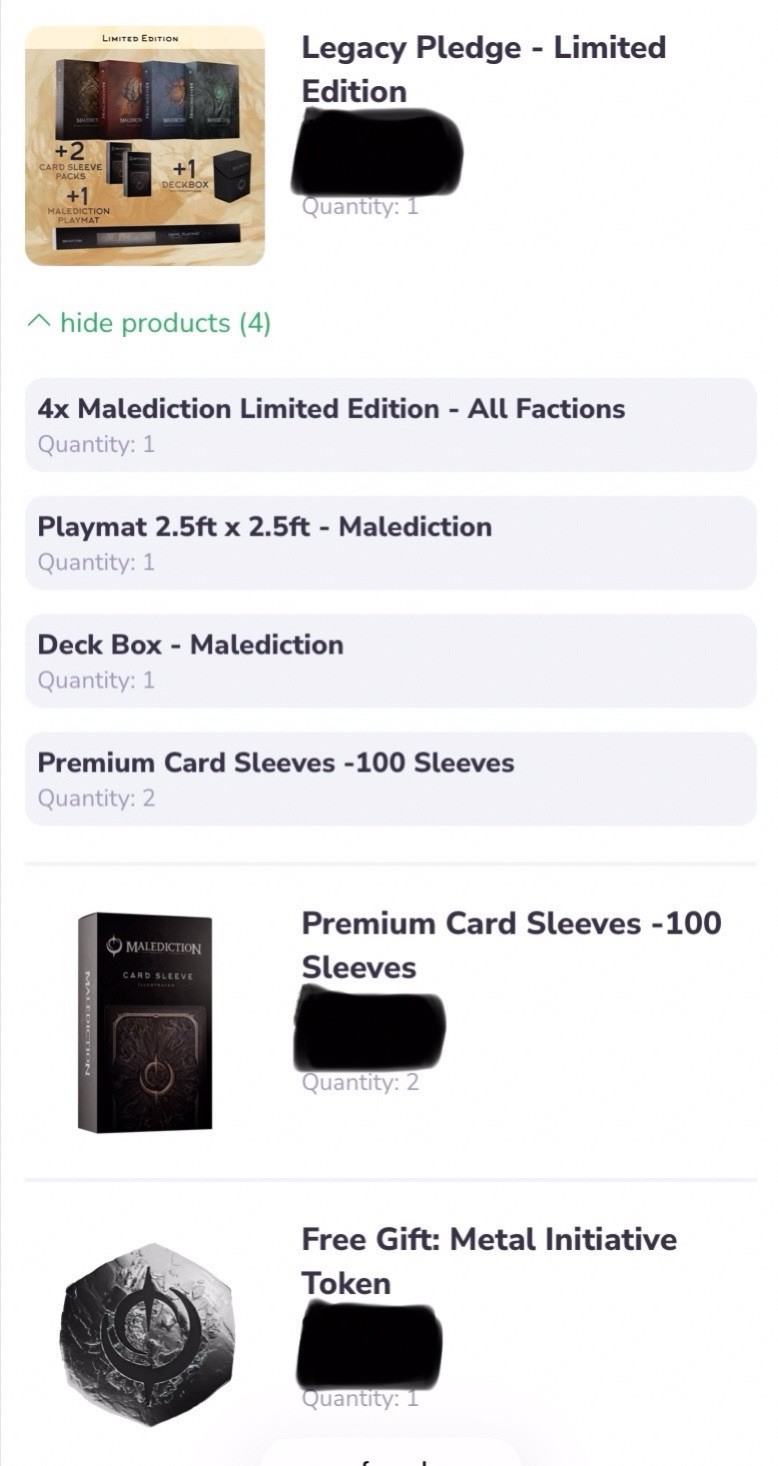 Gamefound Malediction Legacy Pledge Plus 200 Additional Sleeves & Metal Coin New