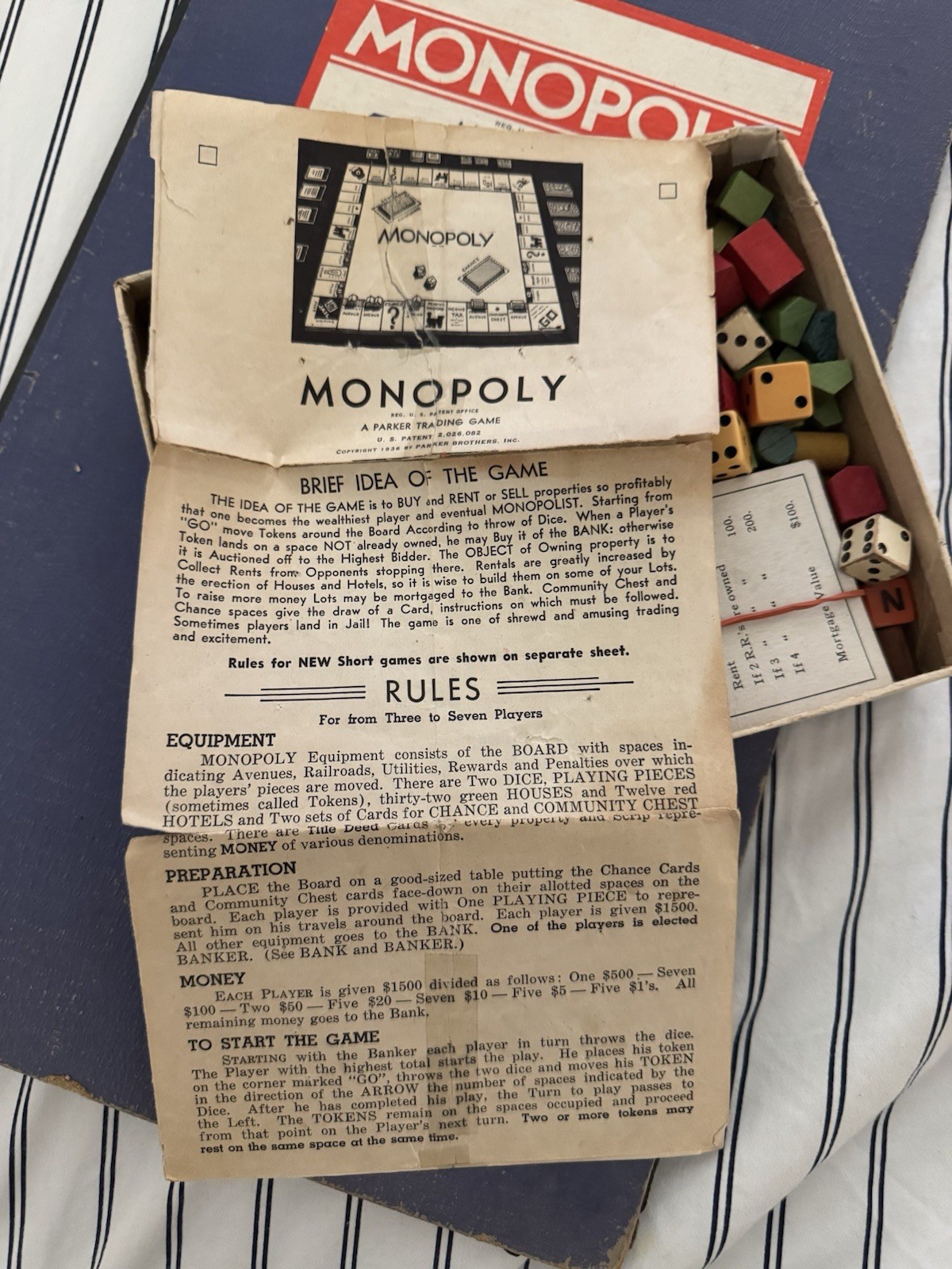 1935 Monopoly Set – Parker Bros. Blue Box, Single Patent No. 2,026,082 – Rare