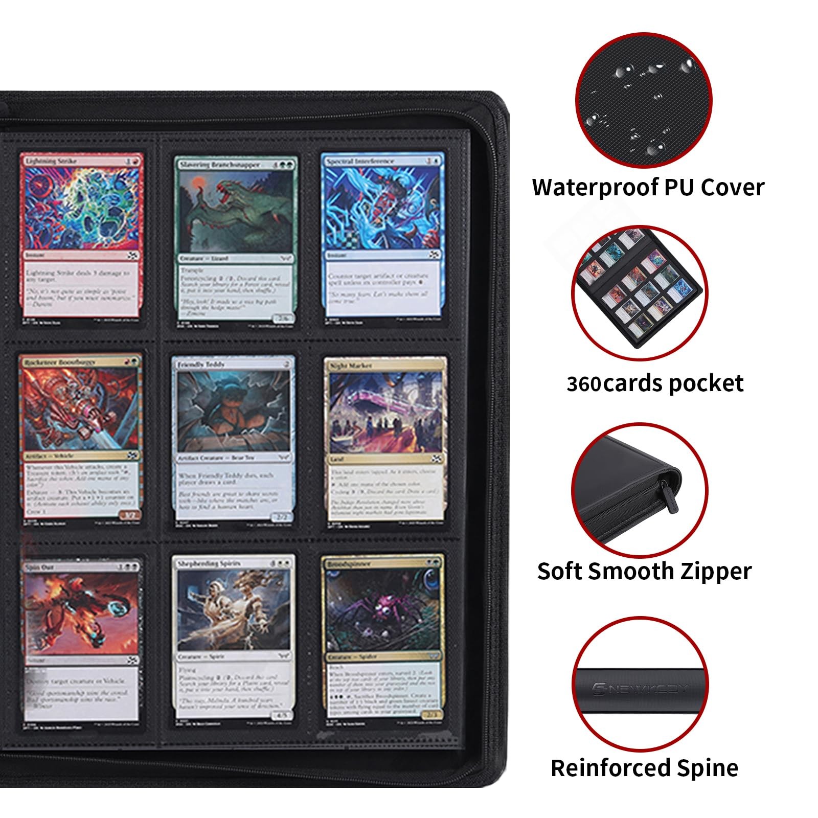 Snekdy premium 360-pocket trading card binder, 9-pocket 360 Cards, Black