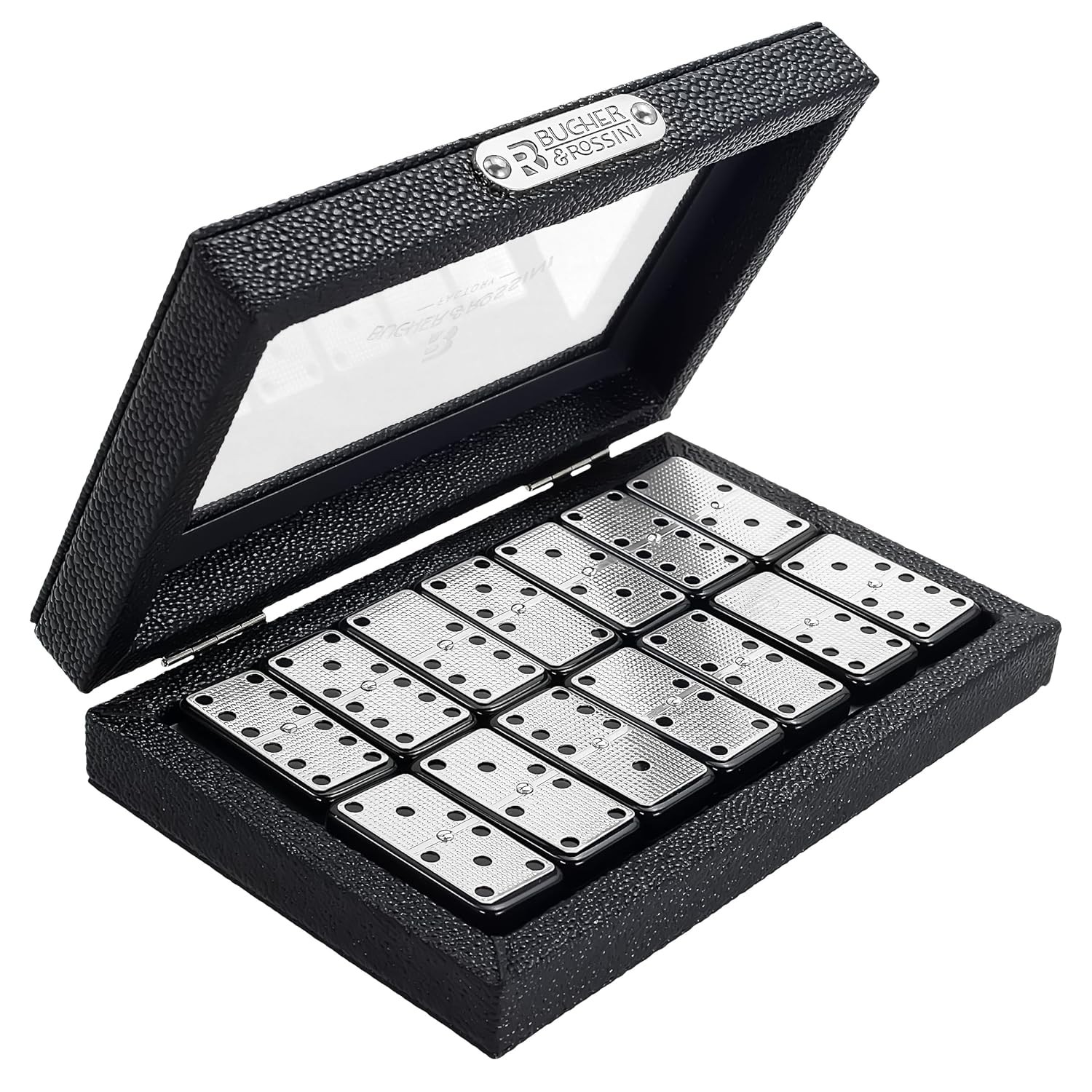 Silver Metal Surface Double 6 Dominoes Classic Black Domino Game Set