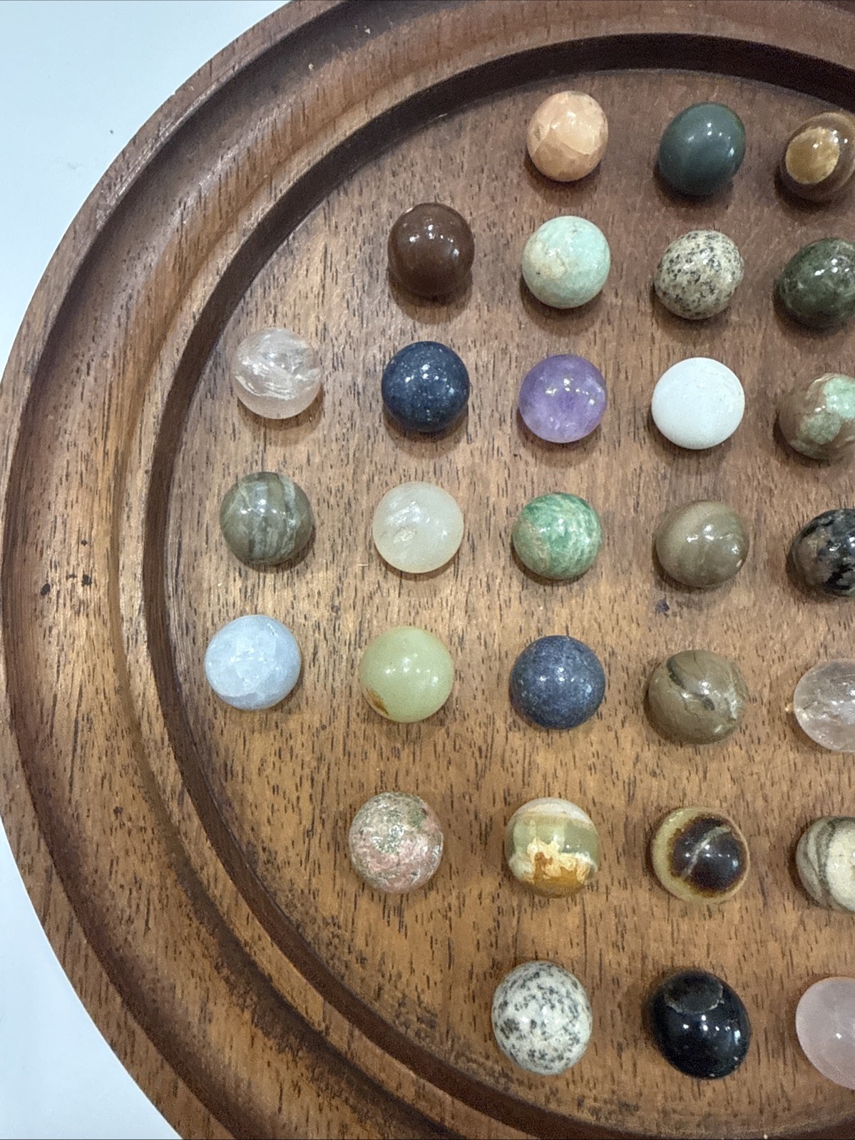 Vintage Wooden Solitaire Game with 37 Semi-Precious Stone Marbles