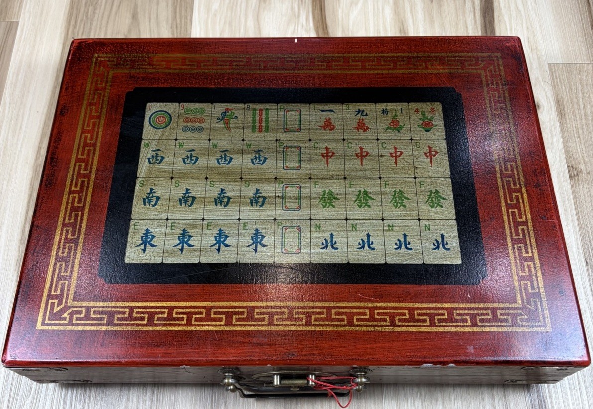 VTG Chinese Mahjong Set 144 Tiles Mah-Jong Game Carry Case Box Mahjong Mahjongg