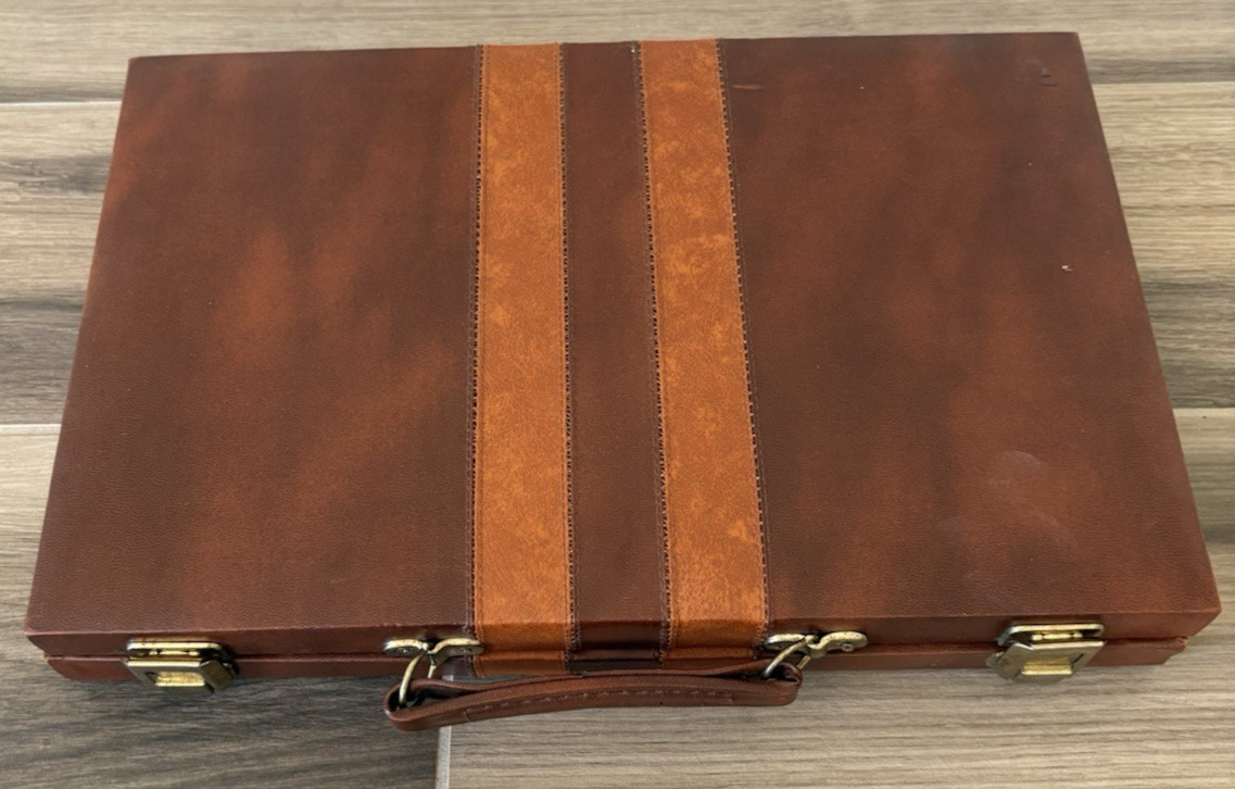 Vintage Backgammon Brown Faux Leather Set with Carrying Case Complete Board Game