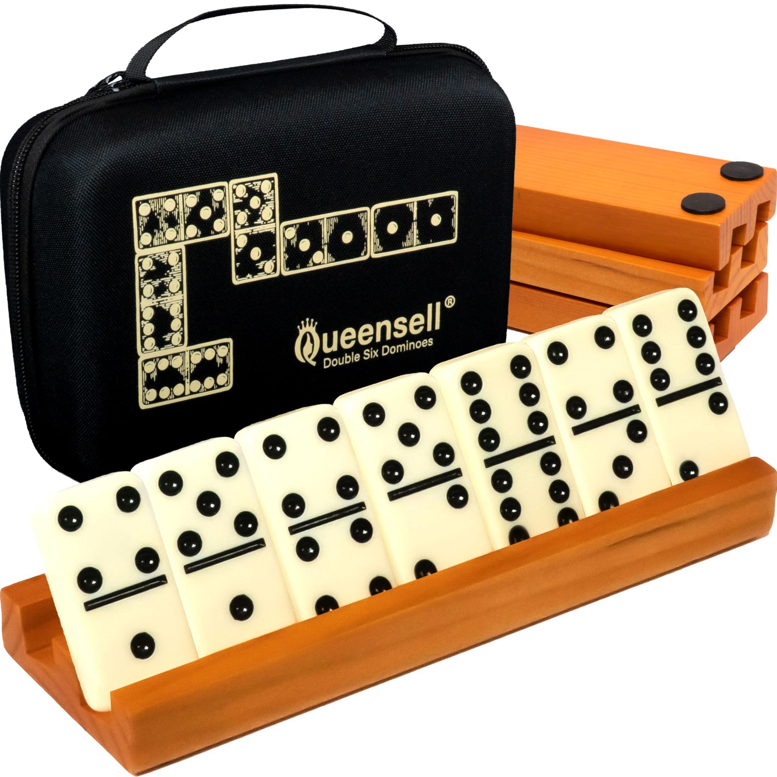 Queensell Dominos Set for Adults with 4 Domino Racks – Double 6 Dominoes Set …