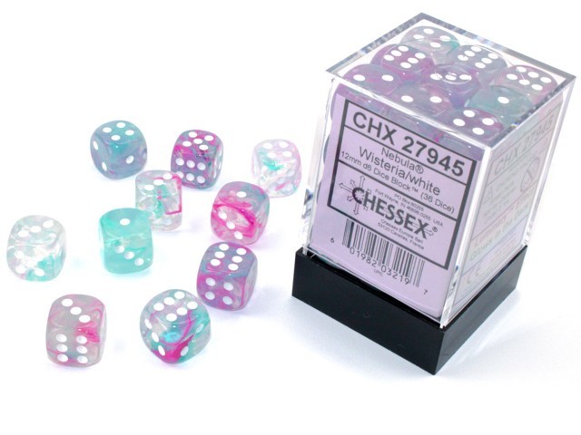 Chessex Nebula 12mm d6 Wisteria/White w/Luminary Dice Block 36 dice Blue CHX274