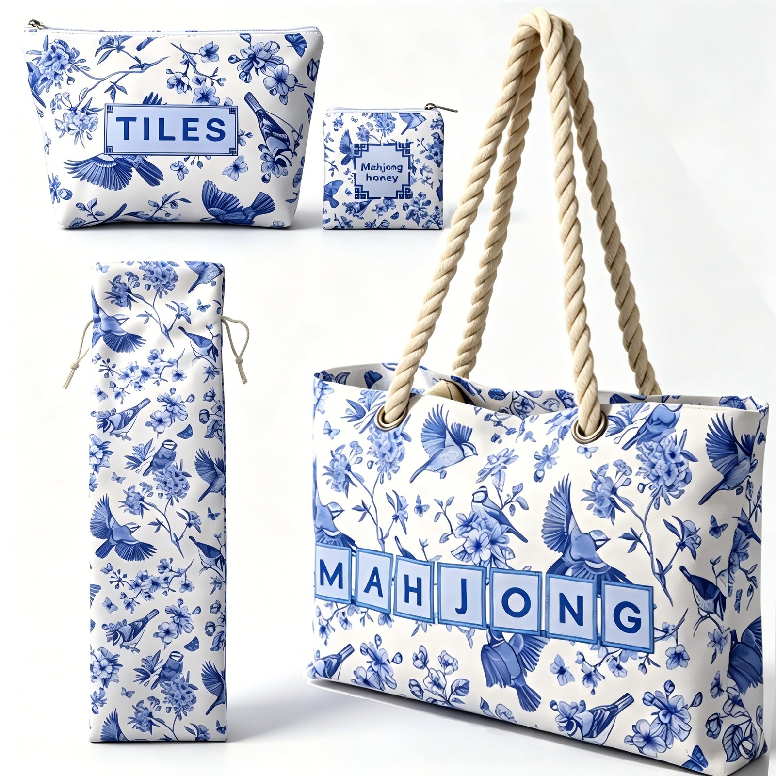 4 Pcs Empty Mahjong Bags Set Mahjong Tile Bag with Handle Thickened Blue Prin…