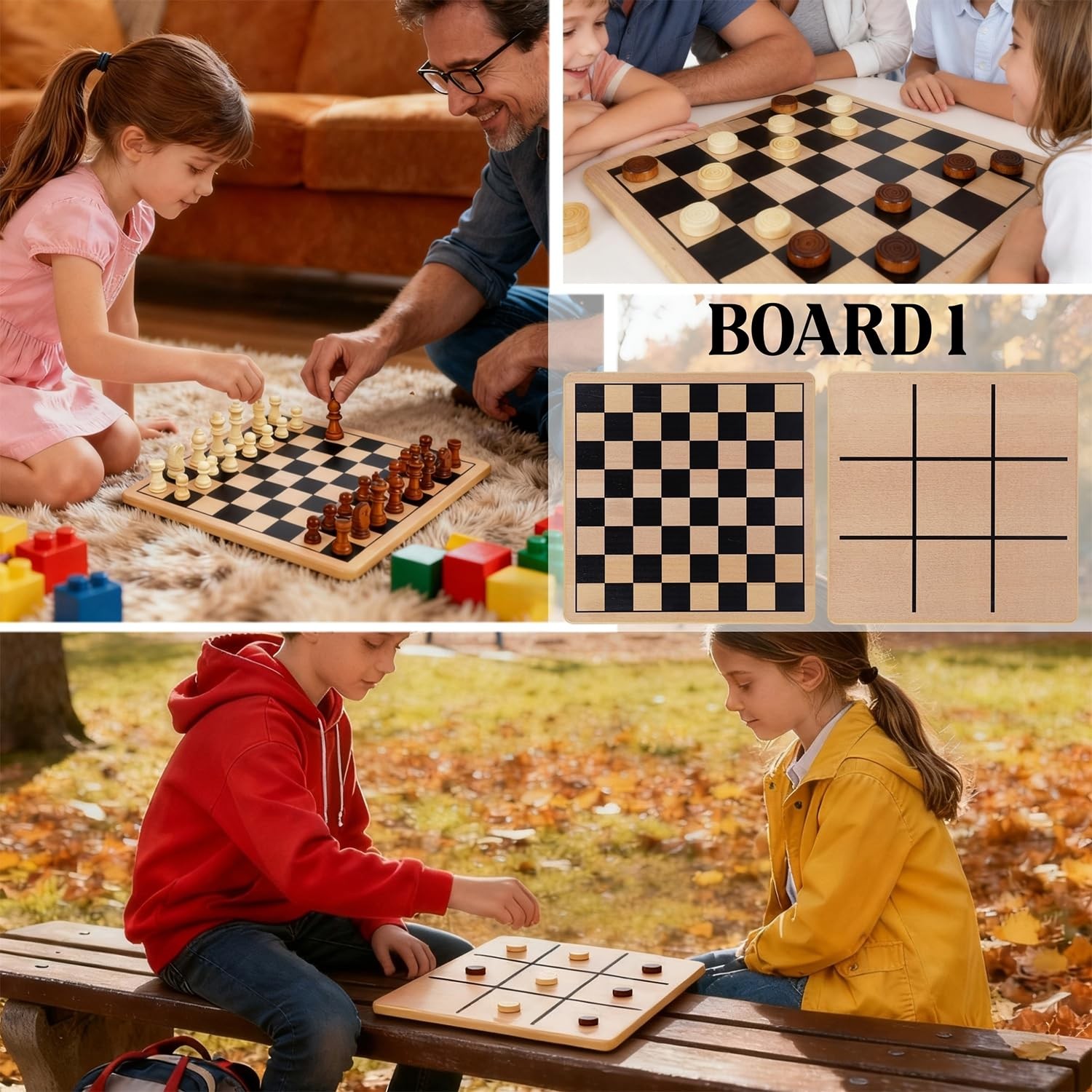 5-in-1 Wooden Board Game with 2 Reversible Boards for Chess, Checkers, Chines…