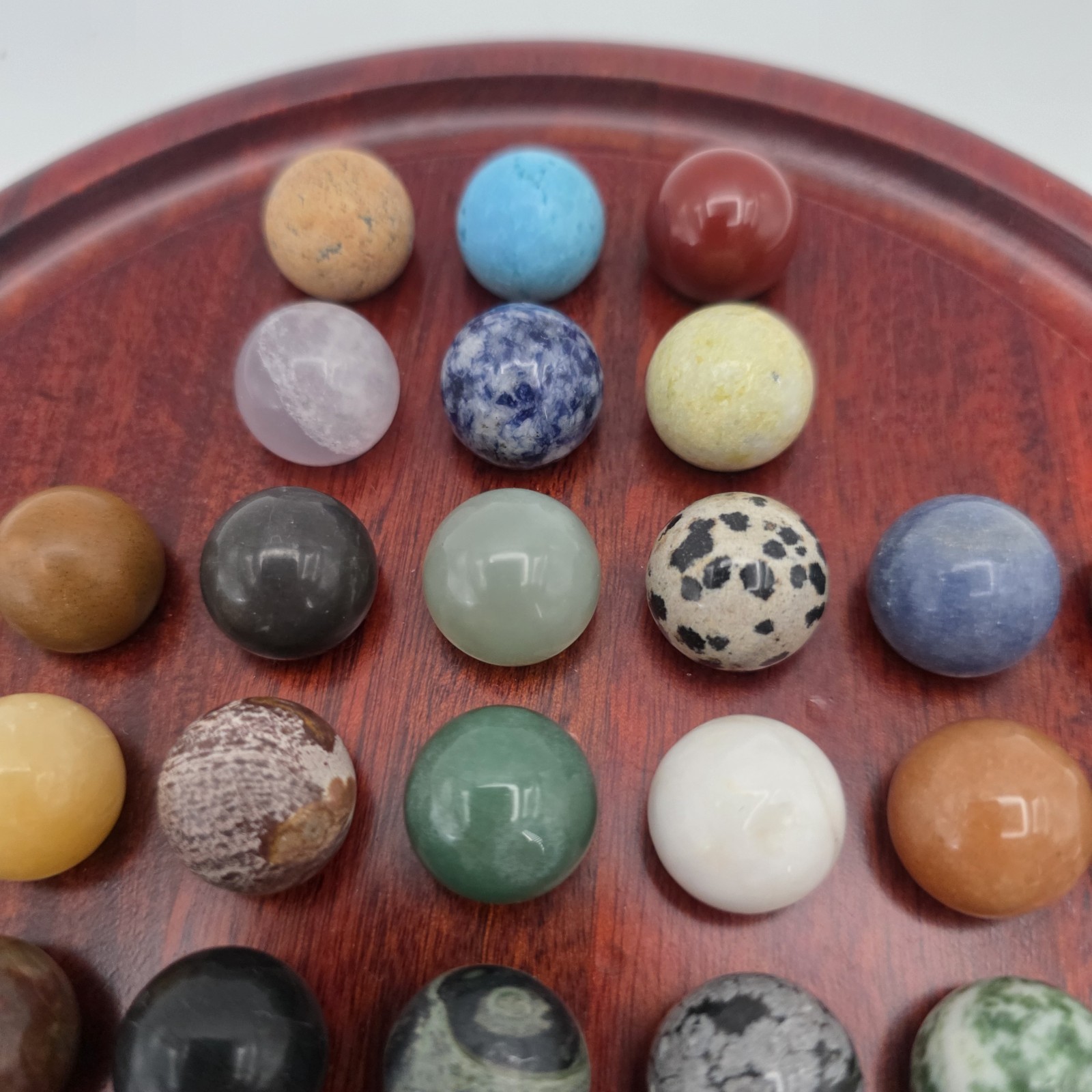 Miniature Marble Solitaire Game with Semi Precious Gemstones Minerals Wood Board