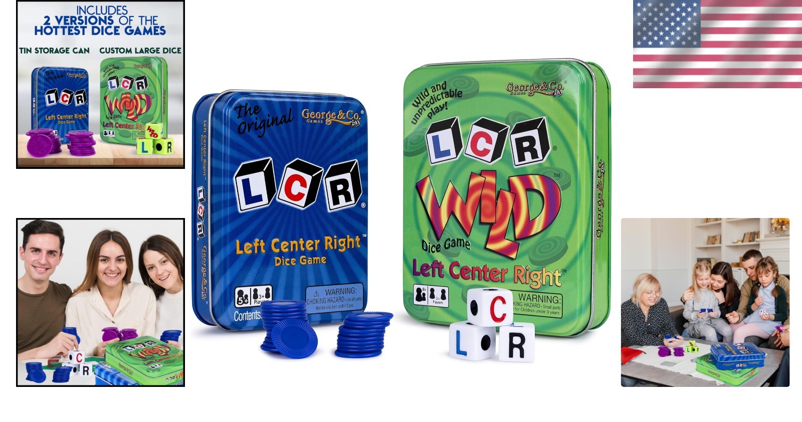 LCR Left Right Center Bundle: Blue & Green Tin – 2 Fun Versions Included