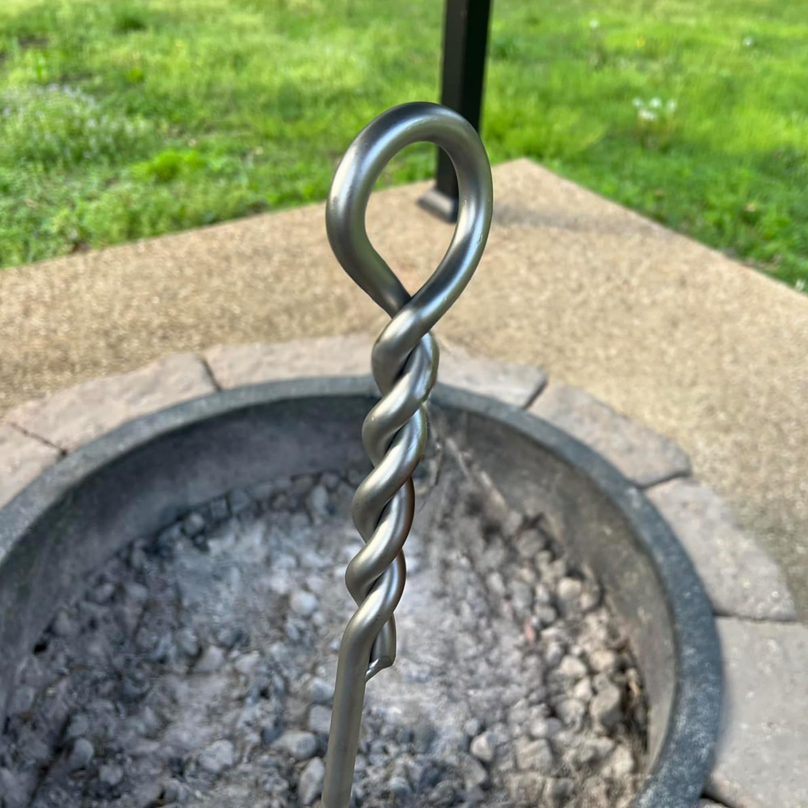 Fire Poker for Pit Outdoor 40in Twisted Rope Design 316 Stainless Silver