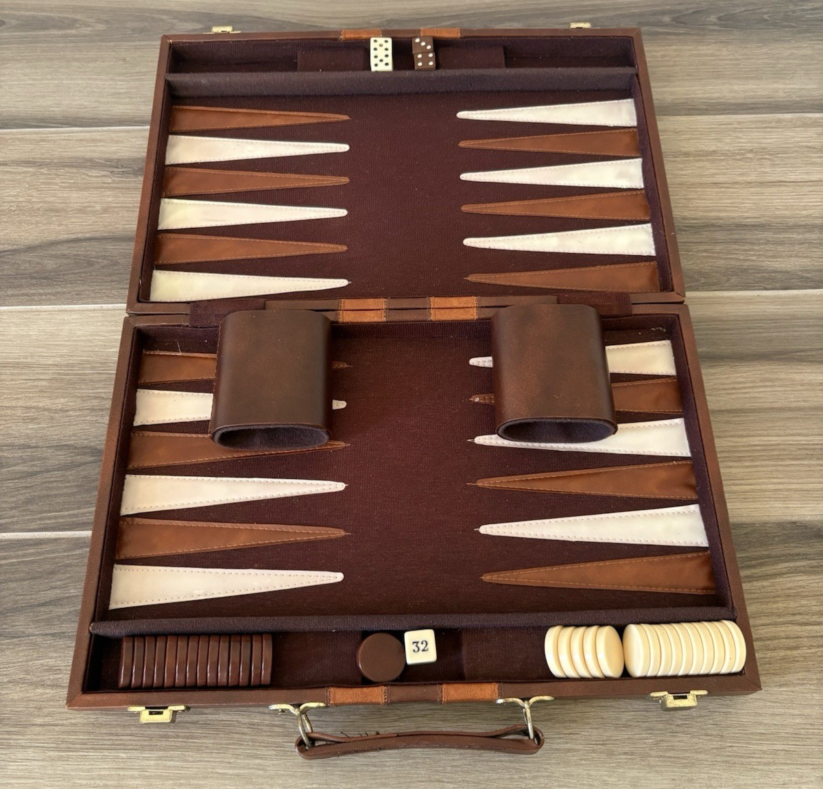 Vintage Backgammon Brown Faux Leather Set with Carrying Case Complete Board Game