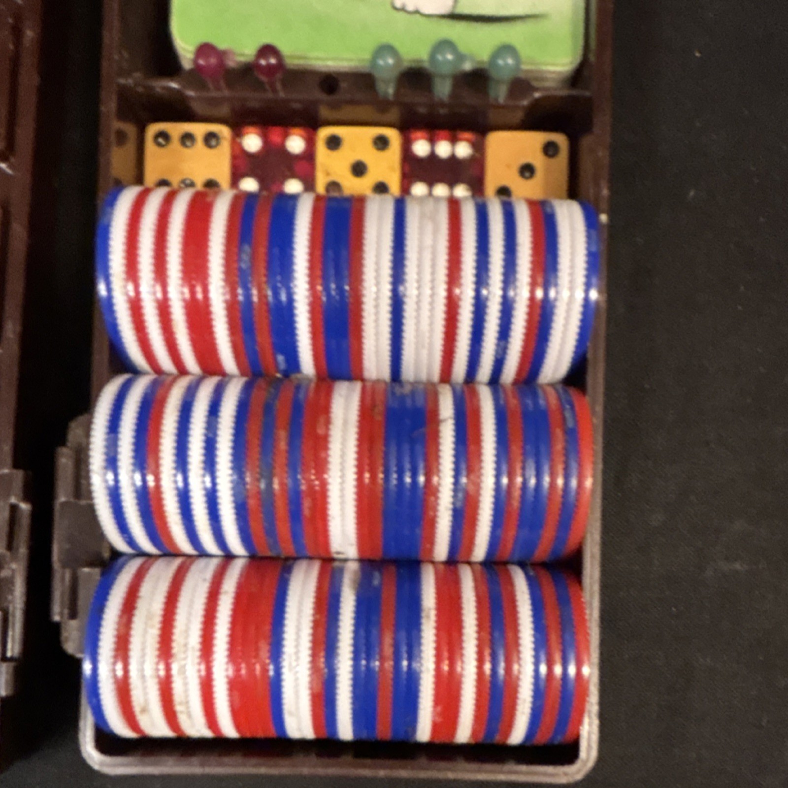 Vintage Poker Set Red White Blue Chips Dice Cards Brown Case cribbage pegs READ