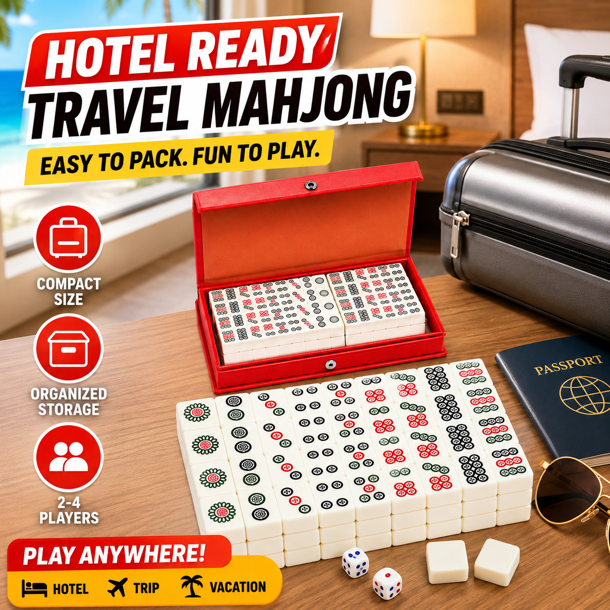 Travel Size Mahjong Set 144 Tiles 2 Dice Compact Red Case Family Gift Game