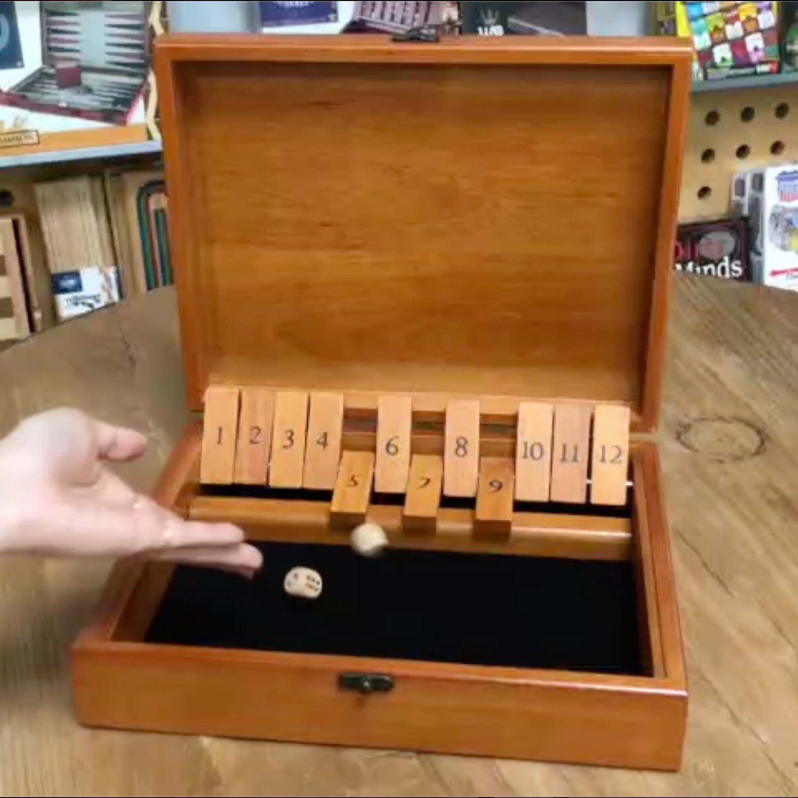 WE Games Board Game with Dice, 12 Numbers, in Cherry Stain Wood Box with Lid