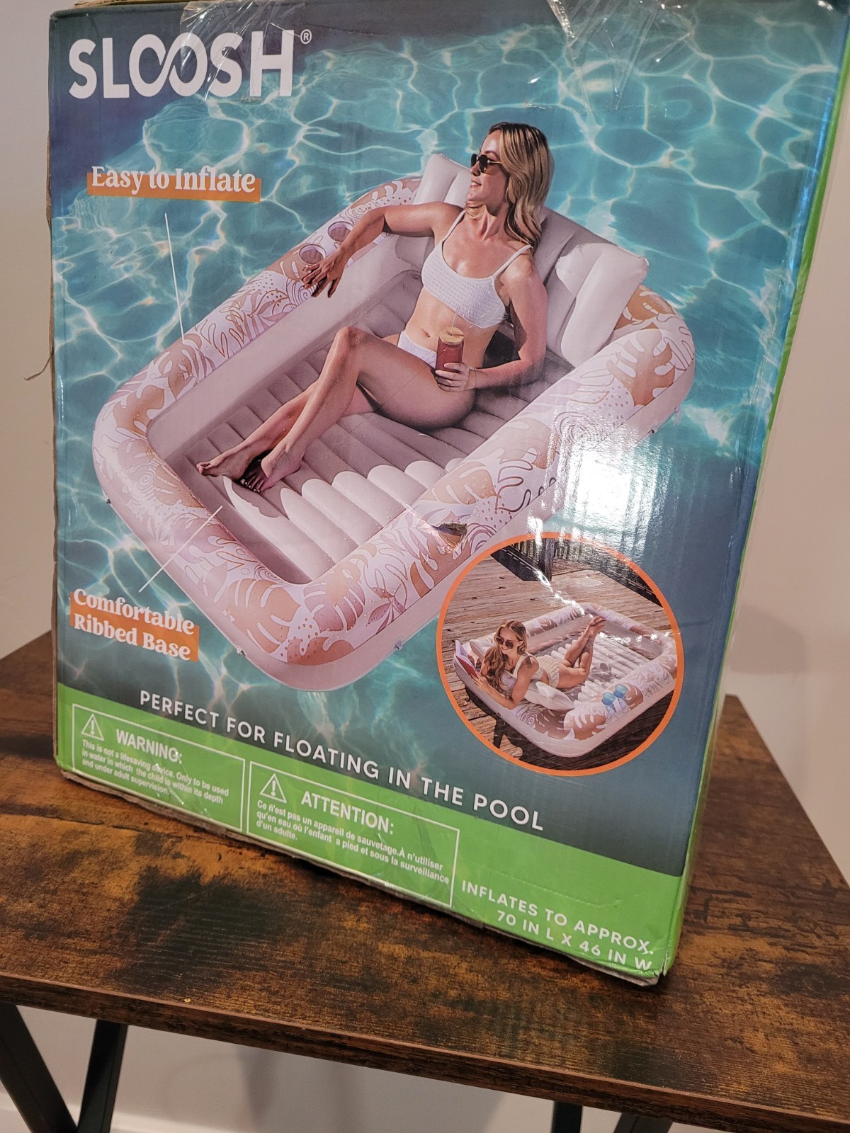 Inflatable Tanning Pool Lounger Float 70 x 46ADULT SIZE WITH PILLOW GOLD & WHITE