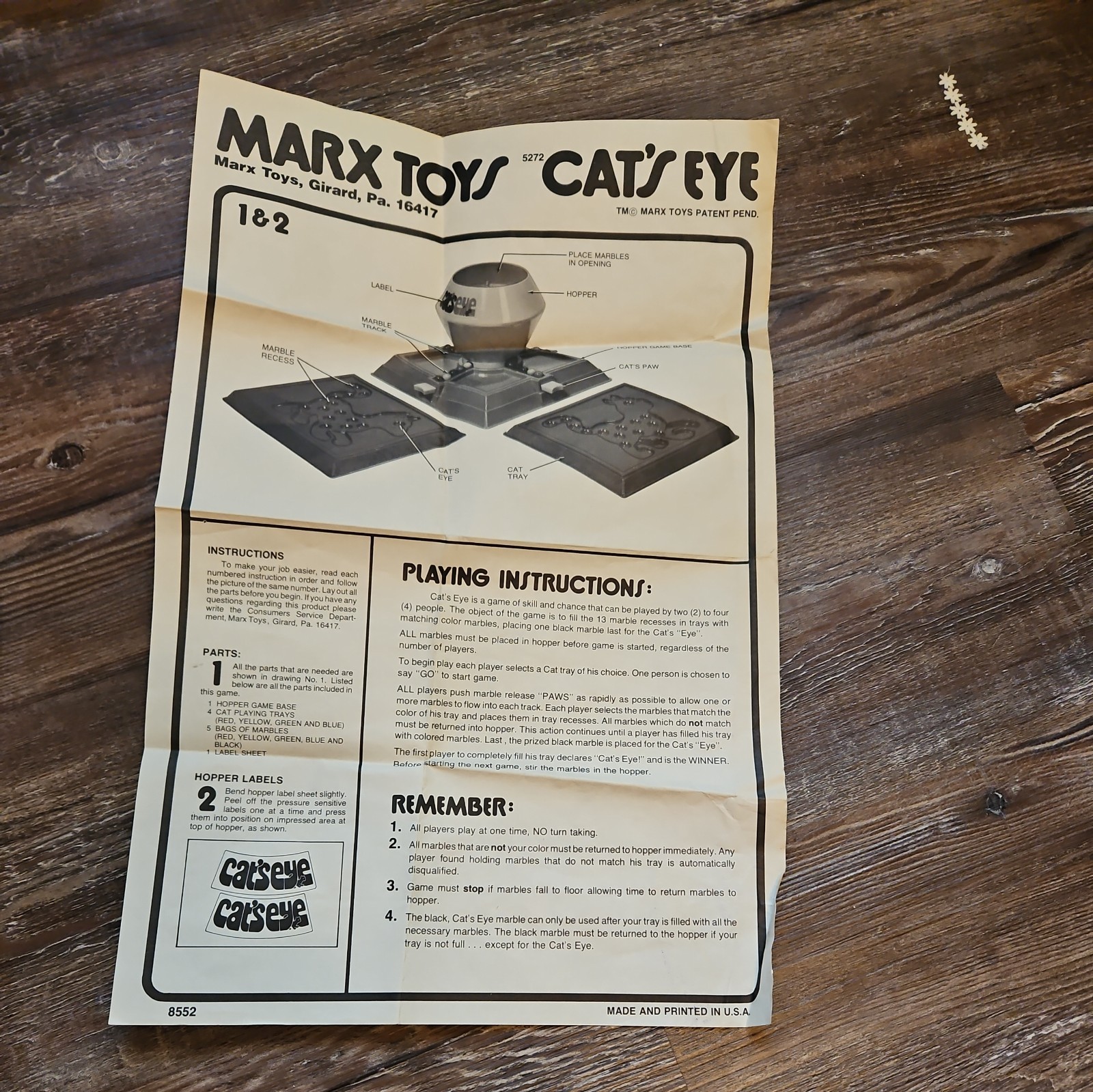 Vintage 1978 Marx Toys Cat’s Eye Game #5272 Instruction Manual Sheet ONLY
