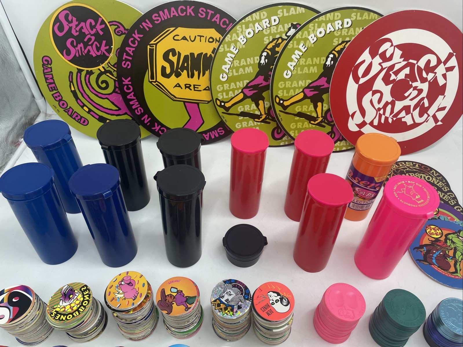Large POGS Lot (825+ Milk Caps, 130+ Slammers, 10 Game Pads, 13 Tubes)