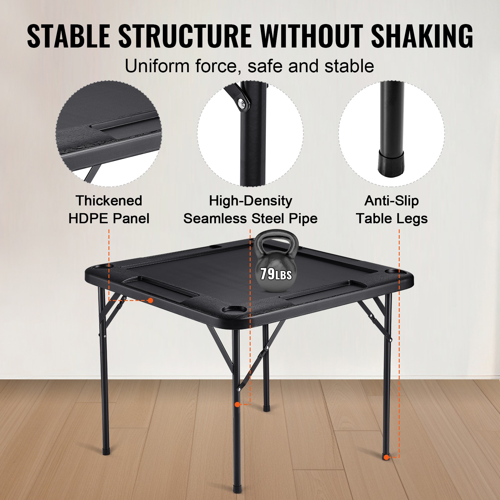 Uimoso Mahjong Table 4Player Folding Card Table & 4 Cup Holders Chip Trays Black