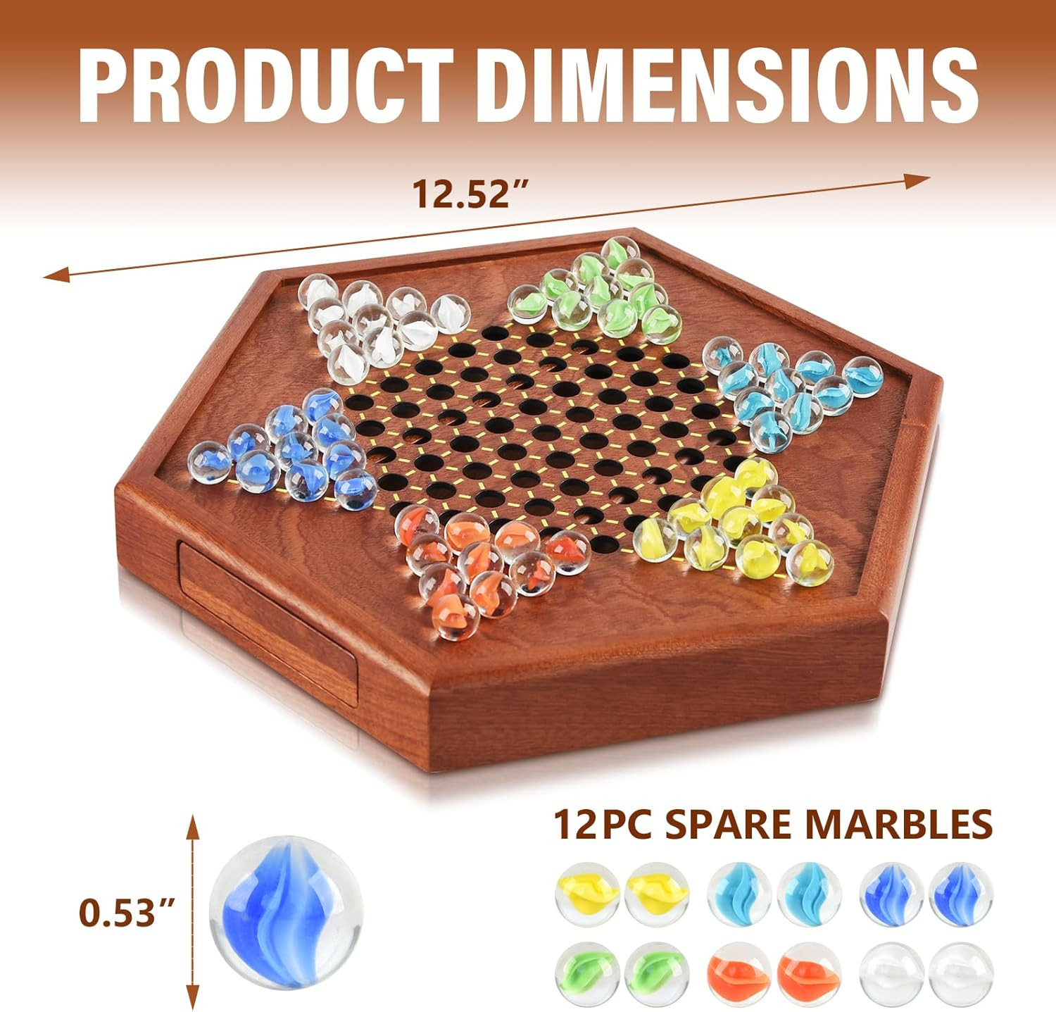 12.7 Inches Wooden Chinese Checkers Set with Storage Drawer -60 Glass Marbles in