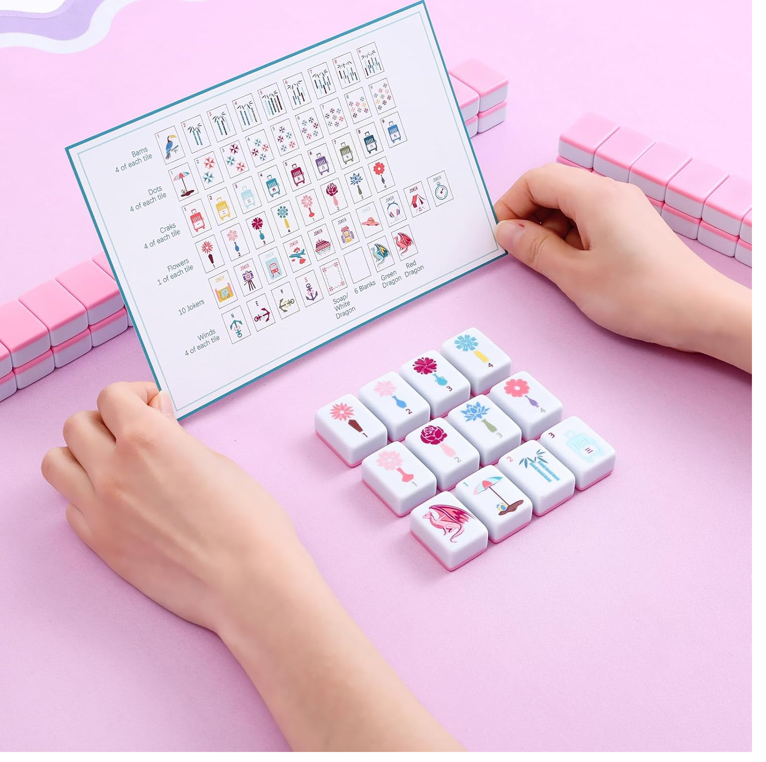 160 Pink Printed American Mahjong Game Set with Carrying Bag and Accessories,