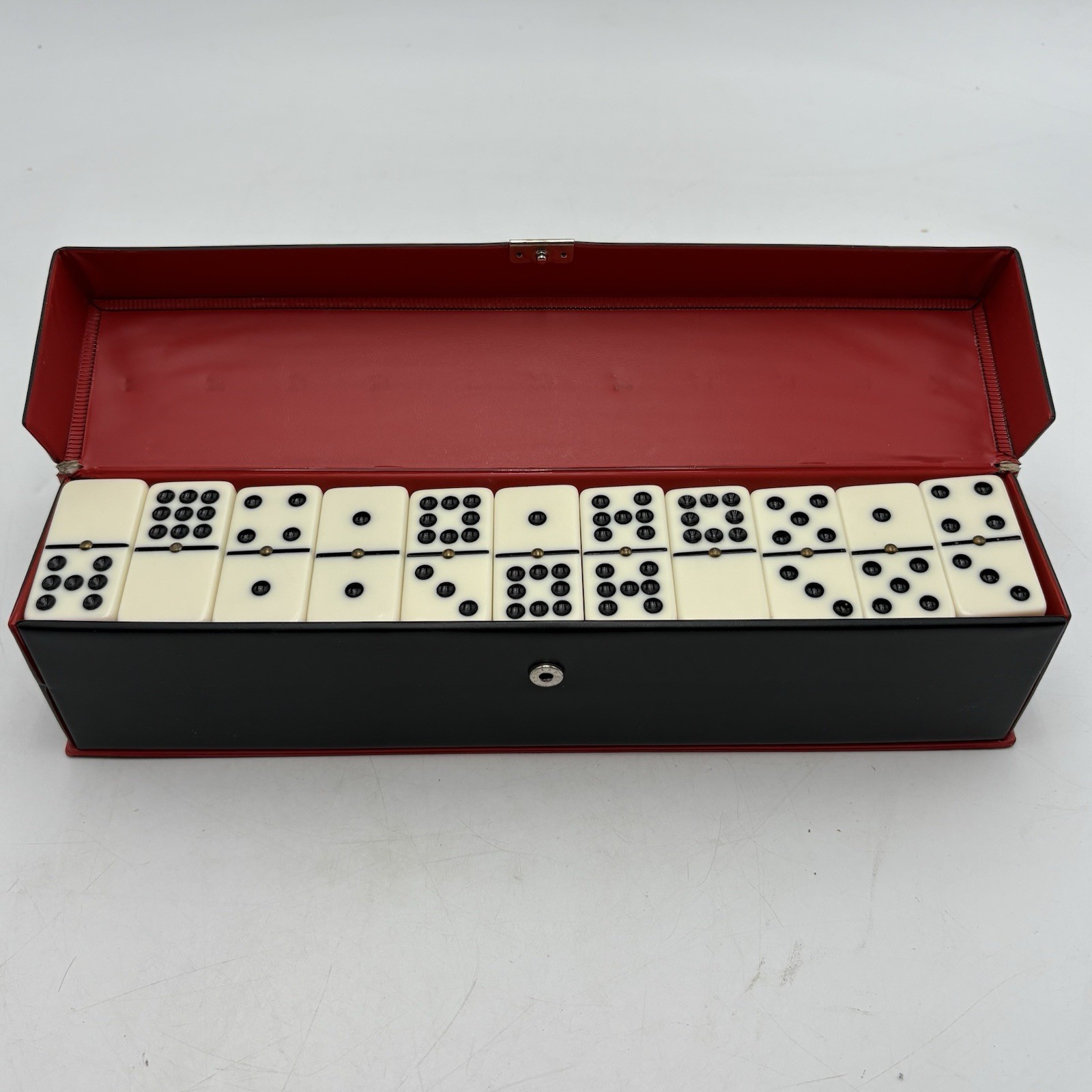 Colton Lewis Double Nine Domino Set Ivory Tone Brass Spinner Resin 55 Tiles Case