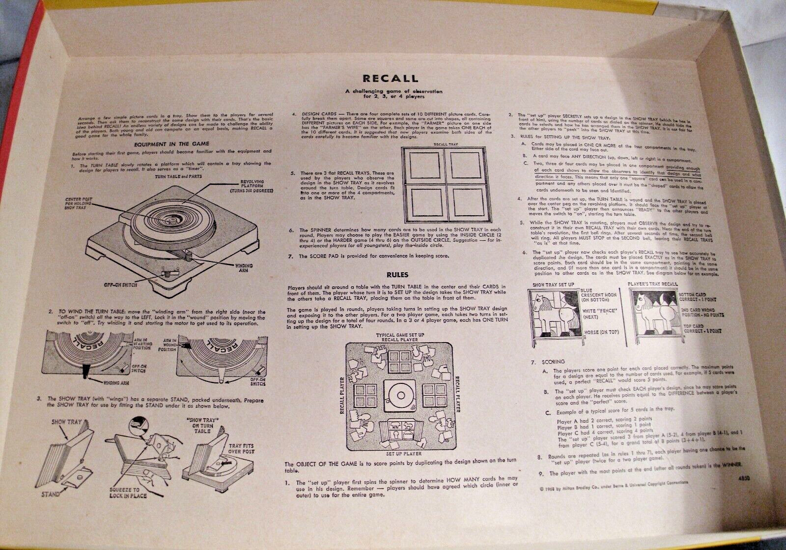 RECALL OBSERVATION MEMORY GAME MILTON BRDLEY BOXED 1968 COMPLETE