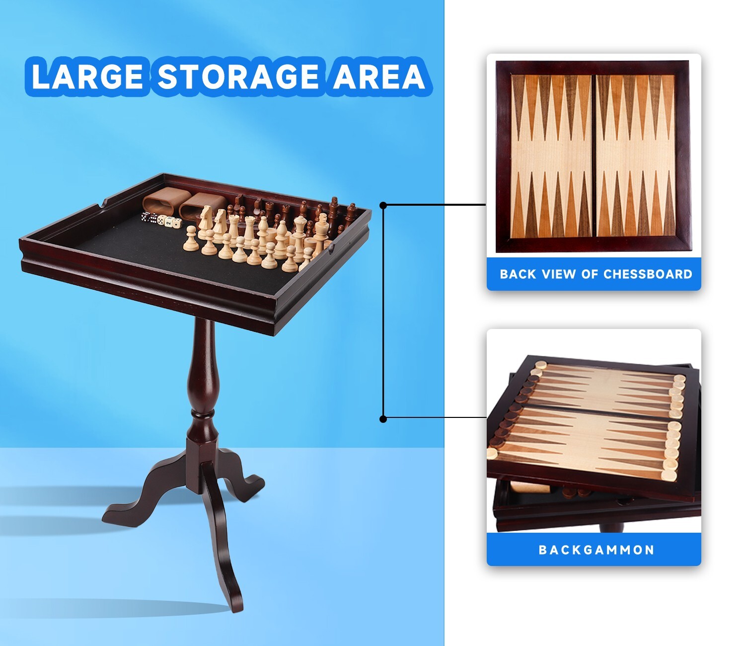 3-in-1 Mahogany Chess/Checkers/Backgammon Table with Chess/Checkers Game Pieces