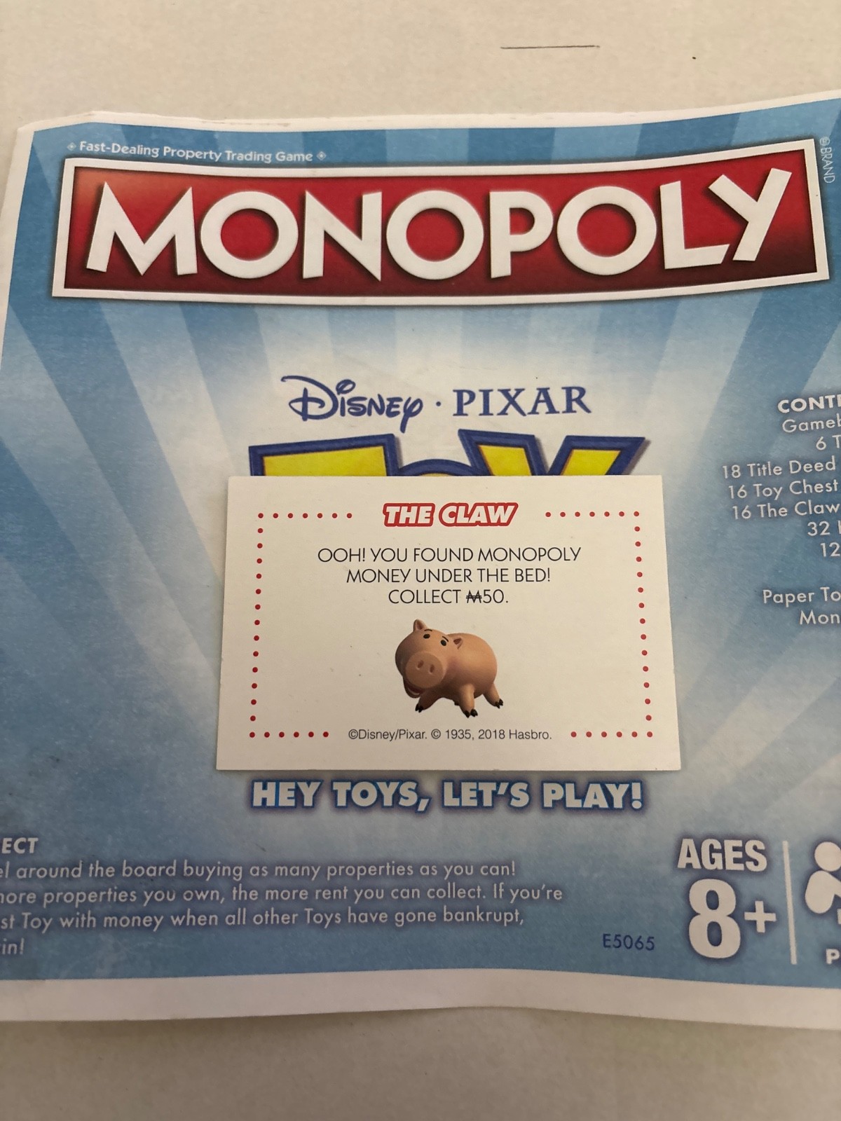 2018 Monopoly Toy Story Found Monopoly Money Under The Bed Chance Claw Card Game