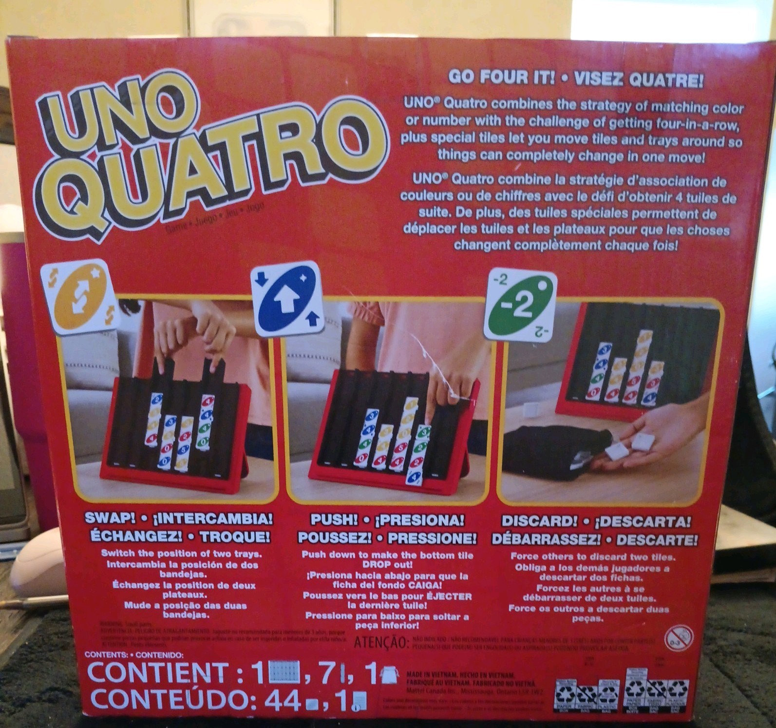 Uno Quatro Game Drop & Swap Family Party Game Board Games Toy Age 7+