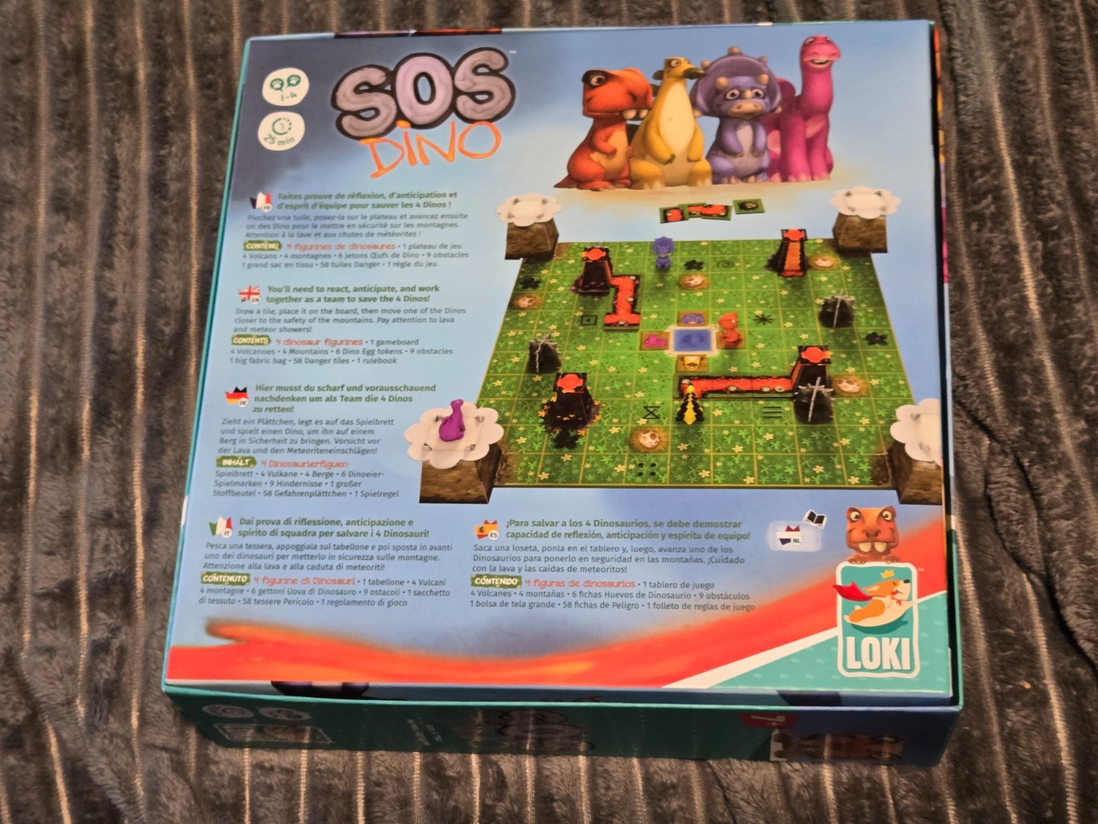 SOS Dino. Cooperative Board Game, Colorful. 1-4 Players, 25 Mins. Family Fun