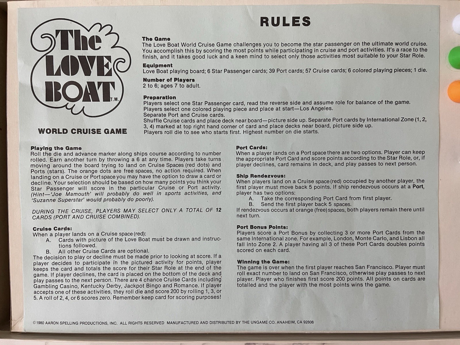 VTG 1980 The Love Boat World Cruise Board Game Complete