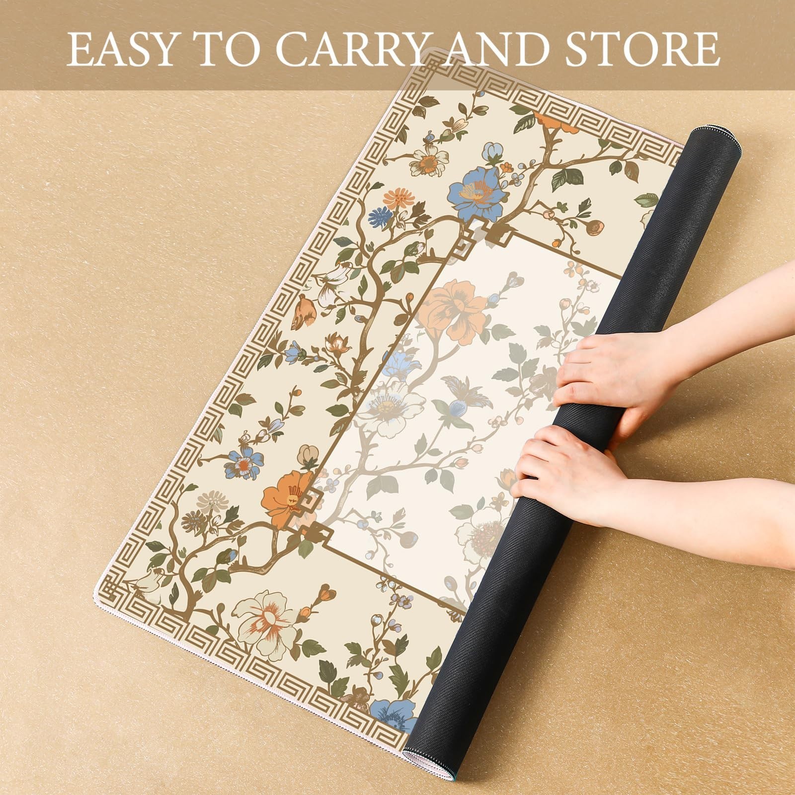 Chinoiserie Mahjong Mat 31.5″ x 31.5″ – Beige & White Anti-Slip Game Table Cover